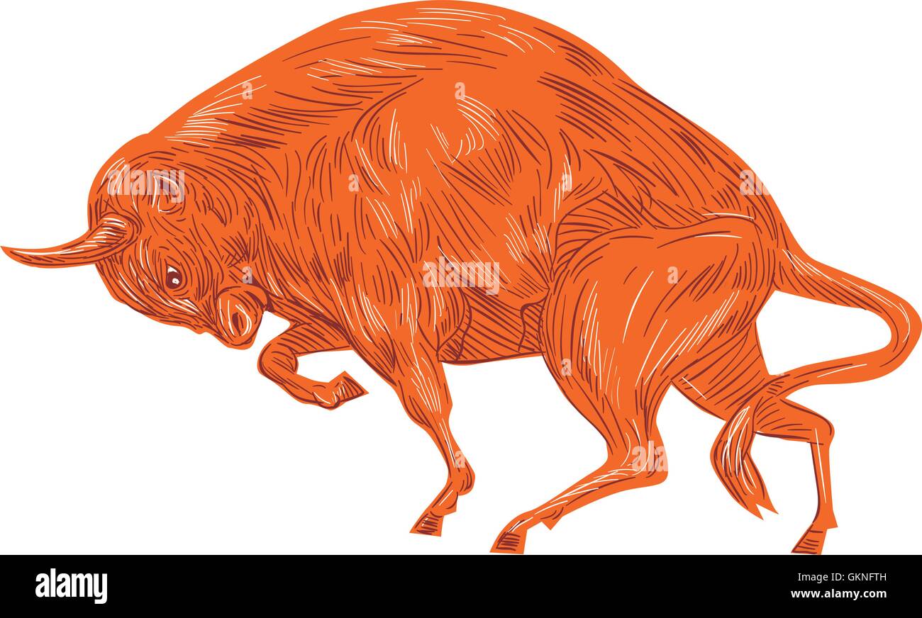 Disegno stile sketch illustrazione di un arrabbiato bisonte europeo bull la carica osservata dal lato impostato su isolato sullo sfondo bianco. Illustrazione Vettoriale