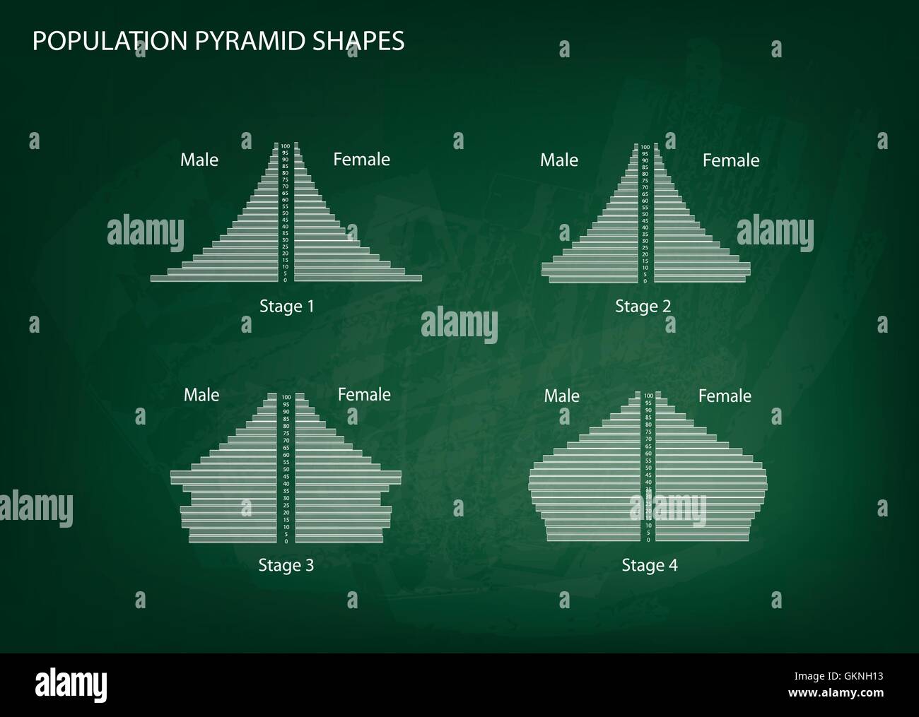 Popolazione e demografia, illustrazione del set di 4 tipi di popolazione piramidi grafico o la struttura di età grafico sulla lavagna Backgro Illustrazione Vettoriale