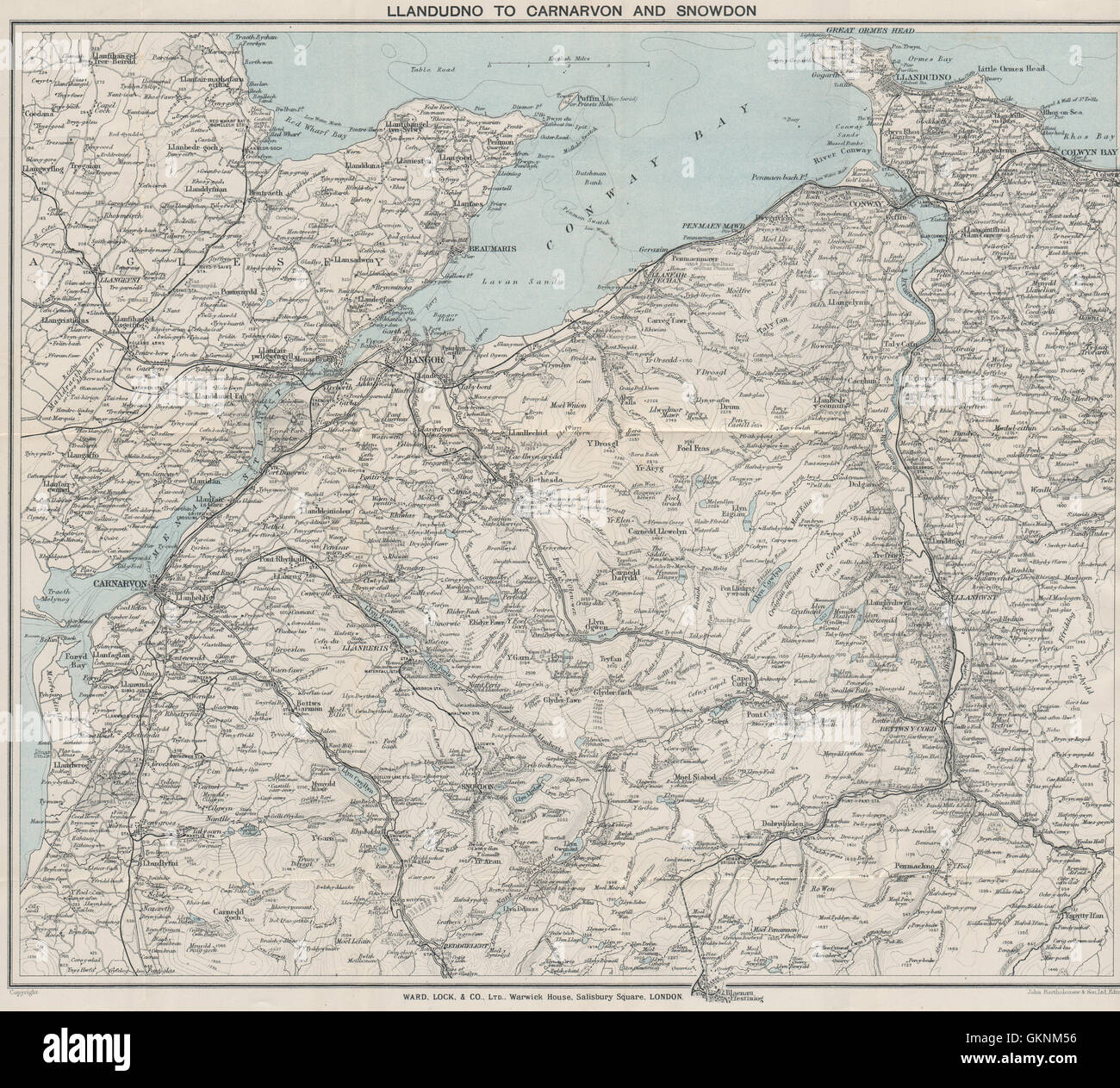 NW del Galles. Llandudno Caernarvon Snowdonia Anglesey Bangor. WARD LOCK, 1925 Mappa Foto Stock