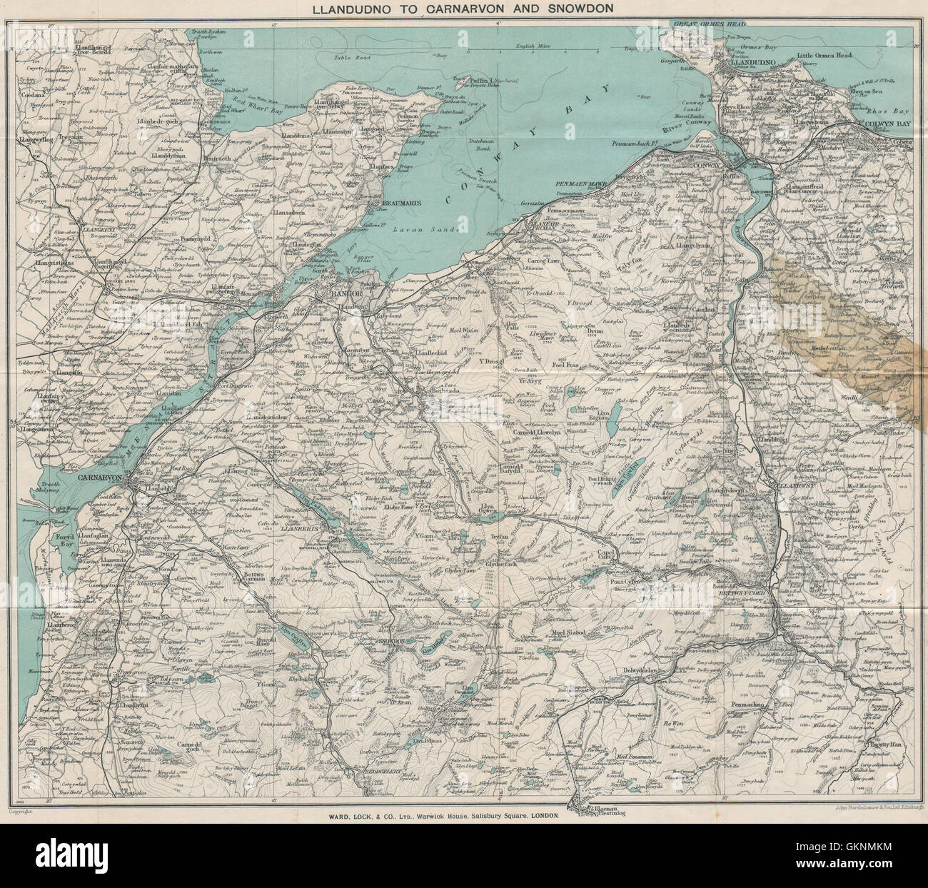 NW del Galles. Llandudno Caernarvon Snowdonia Anglesey Bangor. WARD LOCK, 1930 Mappa Foto Stock