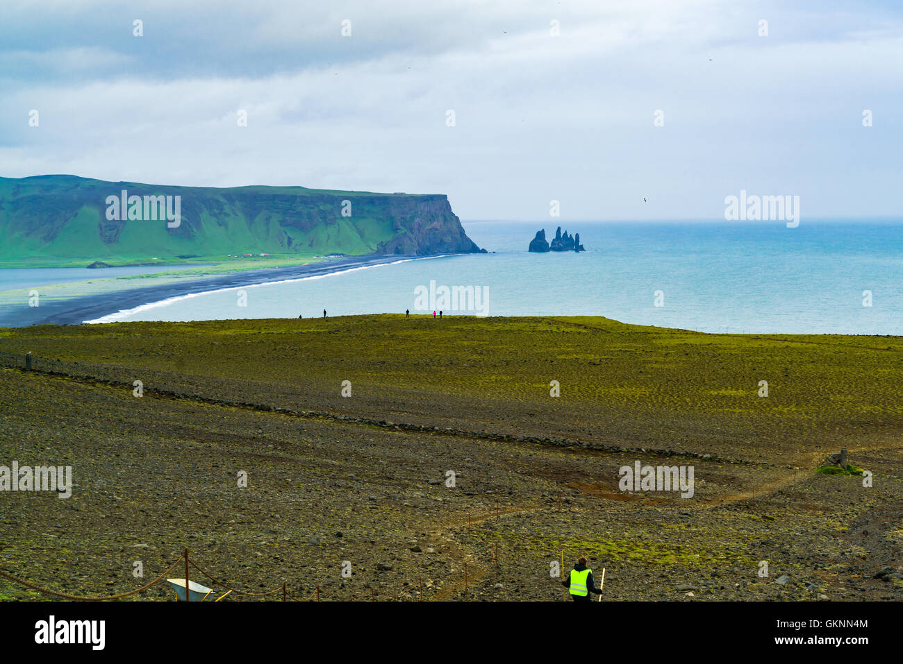 Vista del famoso Reynisdrangar formazioni rocciose dal capo Dyrholaey vicino al villaggio di Vik in Islanda Foto Stock