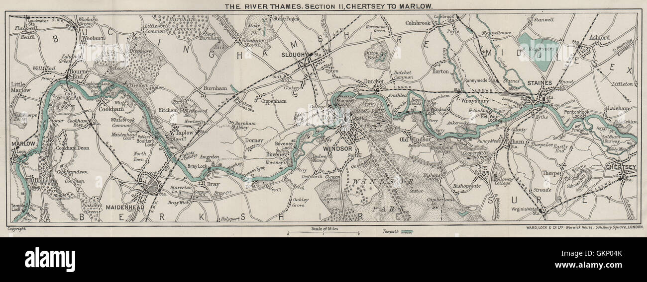Il Fiume Tamigi (2) Chertsey-Staines-Windsor/Slough-Bray-Maidenhead-Marlow 1912 mappa Foto Stock