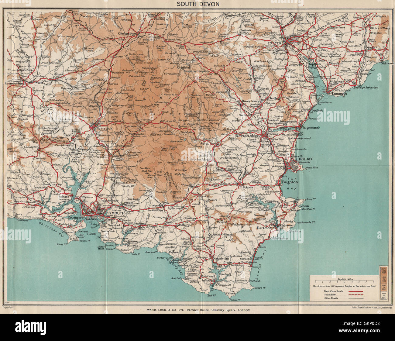 SOUTH DEVON. Dartmoor South Hams Torquay valle Tamar Plymouth Exeter, 1936 Mappa Foto Stock