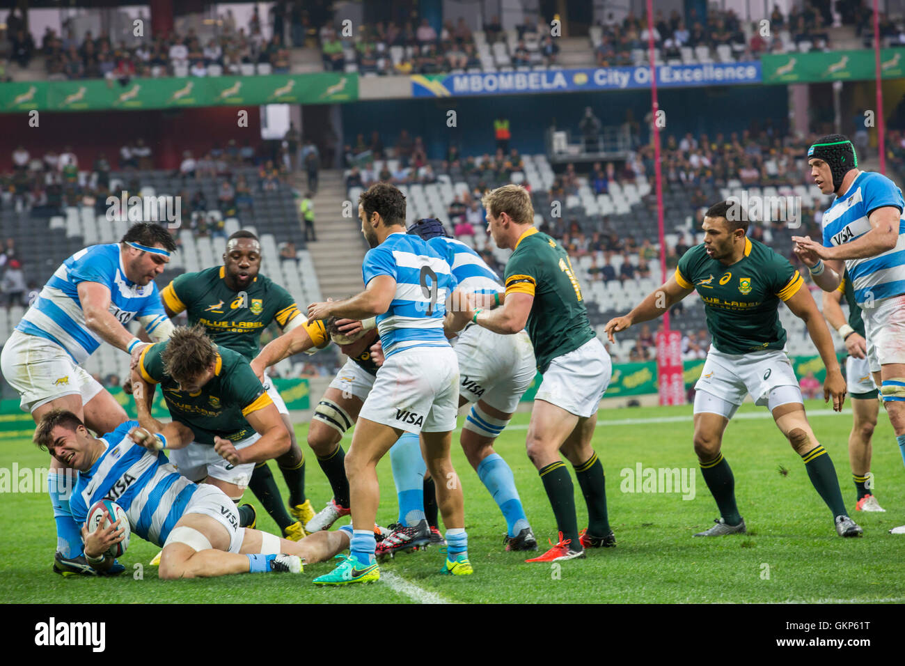 Nelspruit, Sud Africa. Il 20 agosto 2016. La South African National Rugby team in azione contro la Puma presso lo Stadio Mbombela. Facundo Isa con la palla. Foto Stock
