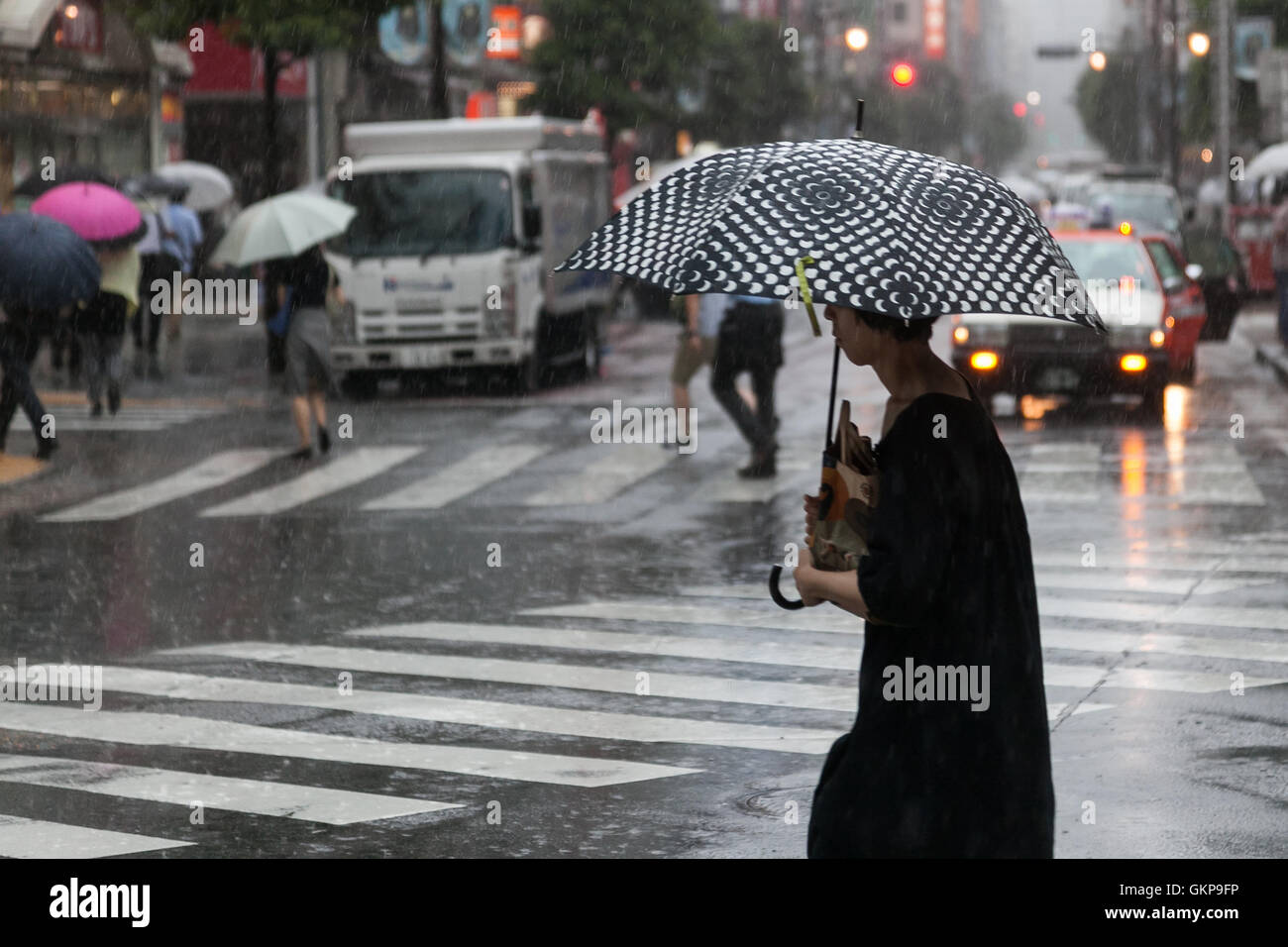 Tokyo, Giappone. Il 22 agosto, 2016. Una donna che tiene un ombrello sotto la pioggia nel centro cittadino di Tokyo mentre il tifone Mindulle era il cuscinetto verso il basso sulla regione di Kanto Lunedì mattina il 22 agosto 2016, Tokyo, Giappone. La Japan Meteorological Agency ha annunciato che il tifone è stato di circa 190 km a sud di Tokyo questa mattina intorno alle 8 del mattino ed è prevista a picco nel primo pomeriggio. L'agenzia meteo rilasciato heavy rain e allarme alluvione a Tokyo dove i mezzi di trasporto pubblici come i treni e i voli sono stati colpiti. Mindulle è il nono tifone della stagione. Credito: Rodrigo Reyes Marin/AFLO/Alamy Live News Foto Stock