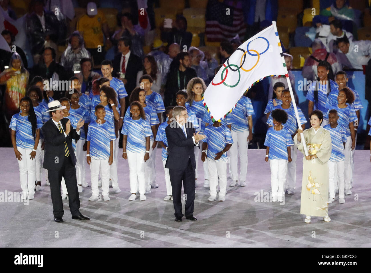 (L-R) Eduardo Paes, Thomas Bach Yuriko Koike, Agosto 21, 2016 : Cerimonia di chiusura a Maracana durante il Rio 2016 Giochi Olimpici di Rio de Janeiro in Brasile. © Yusuke Nakanishi AFLO/sport/Alamy Live News Foto Stock