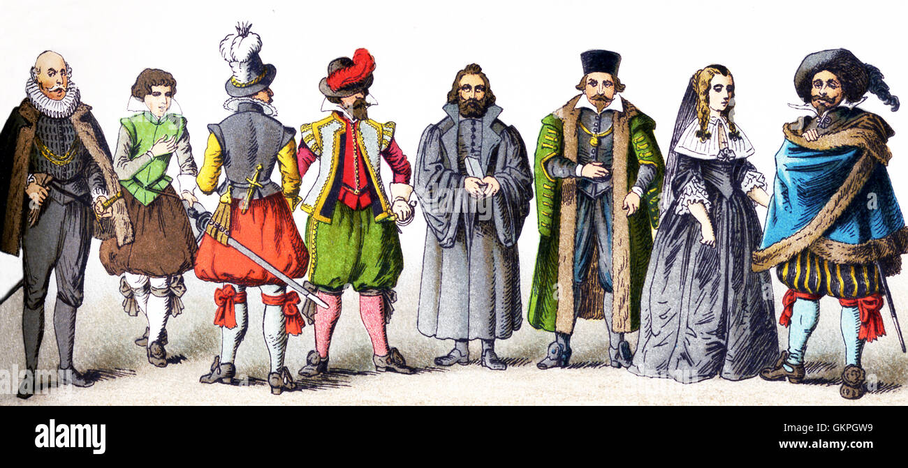 Le figure rappresentate qui ci sono tutti i tedeschi nel 1600s. Da sinistra a destra essi sono: quattro uomo di rango, un pastore protestante, un uomo di rango, una donna di rango in lutto (1650-1700), e di un uomo di rango. L'illustrazione risale al 1882. Foto Stock
