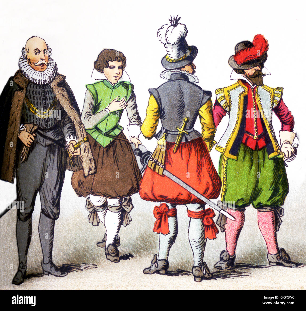 Le figure rappresentate qui ci sono tutti i tedeschi nel 1600s. Da sinistra a destra essi sono: quattro uomo di rango. L'illustrazione risale al 1882. Foto Stock