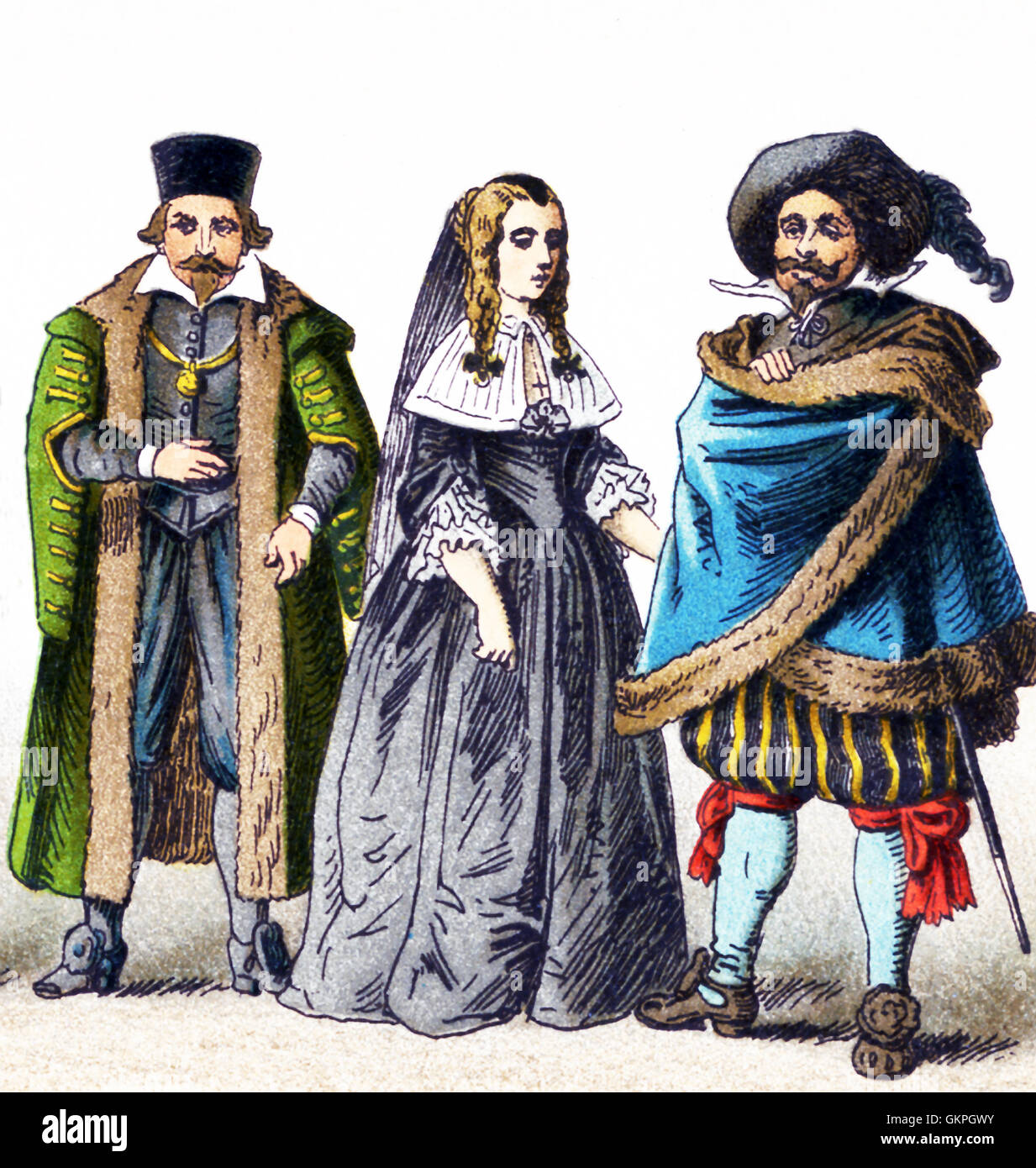 Le figure rappresentate qui ci sono tutti i tedeschi nel 1600s. Da sinistra a destra essi sono: un uomo di rango, una donna di rango in lutto (1650-1700), e di un uomo di rango. L'illustrazione risale al 1882. Foto Stock
