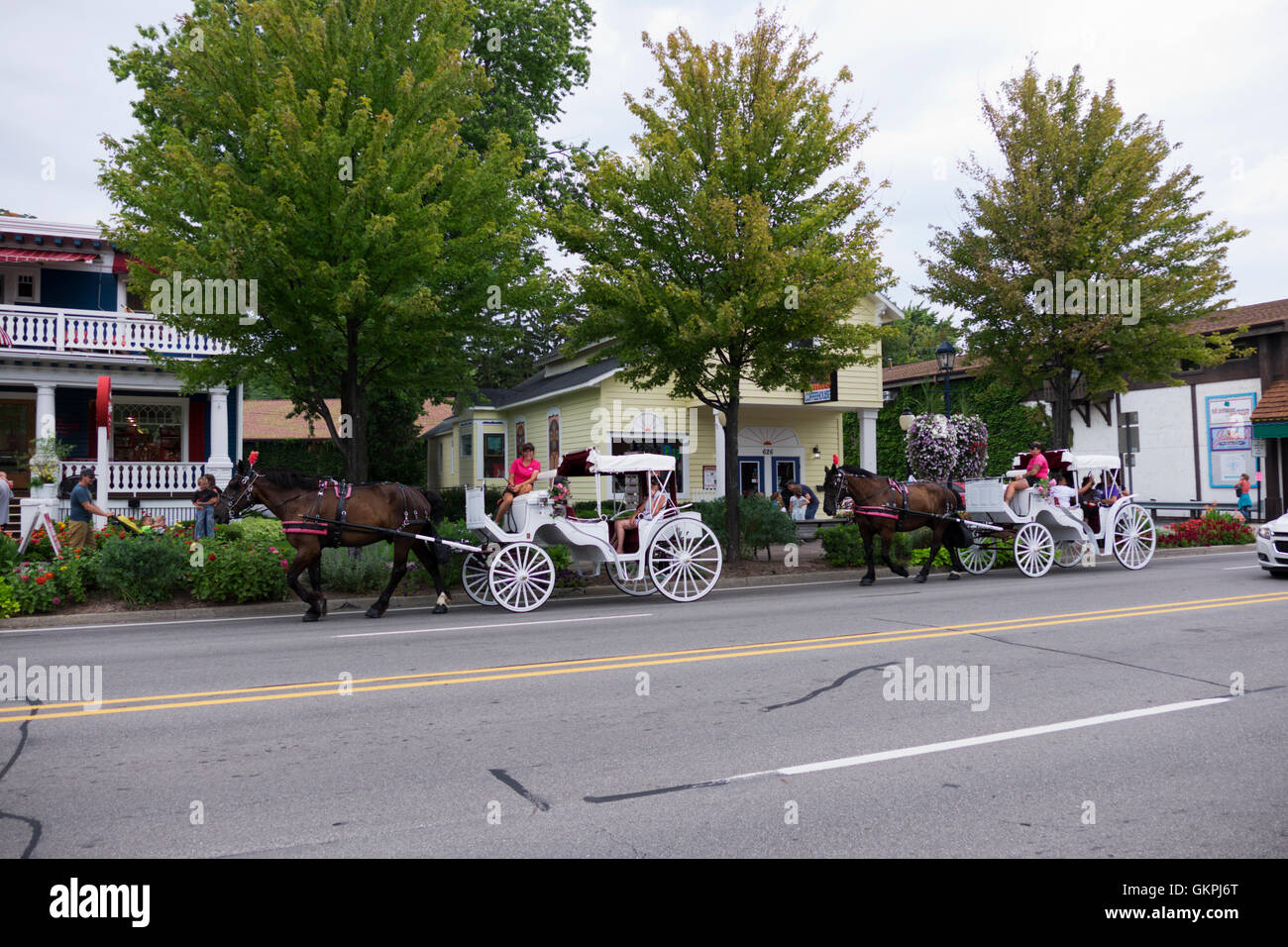 Carrozze trainate da cavalli nel centro cittadino di Frankenmuth, Michigan. Foto Stock