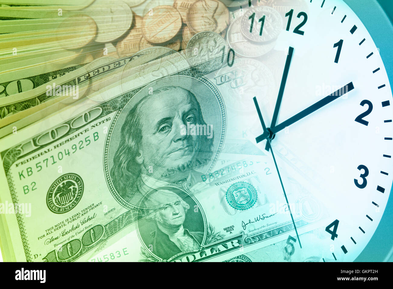 Orologio e moneta americana. Il tempo è denaro concept Foto Stock