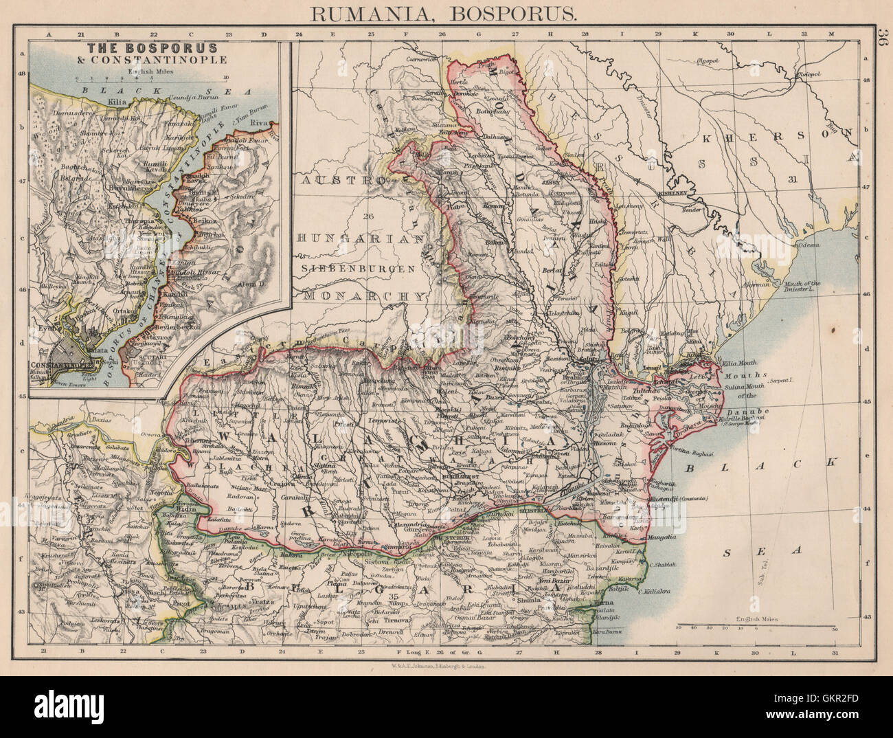 Romania. La Romania Valacchia Moldavia Moldavia. Le ferrovie. JOHNSTON, 1895 mappa vecchia Foto Stock