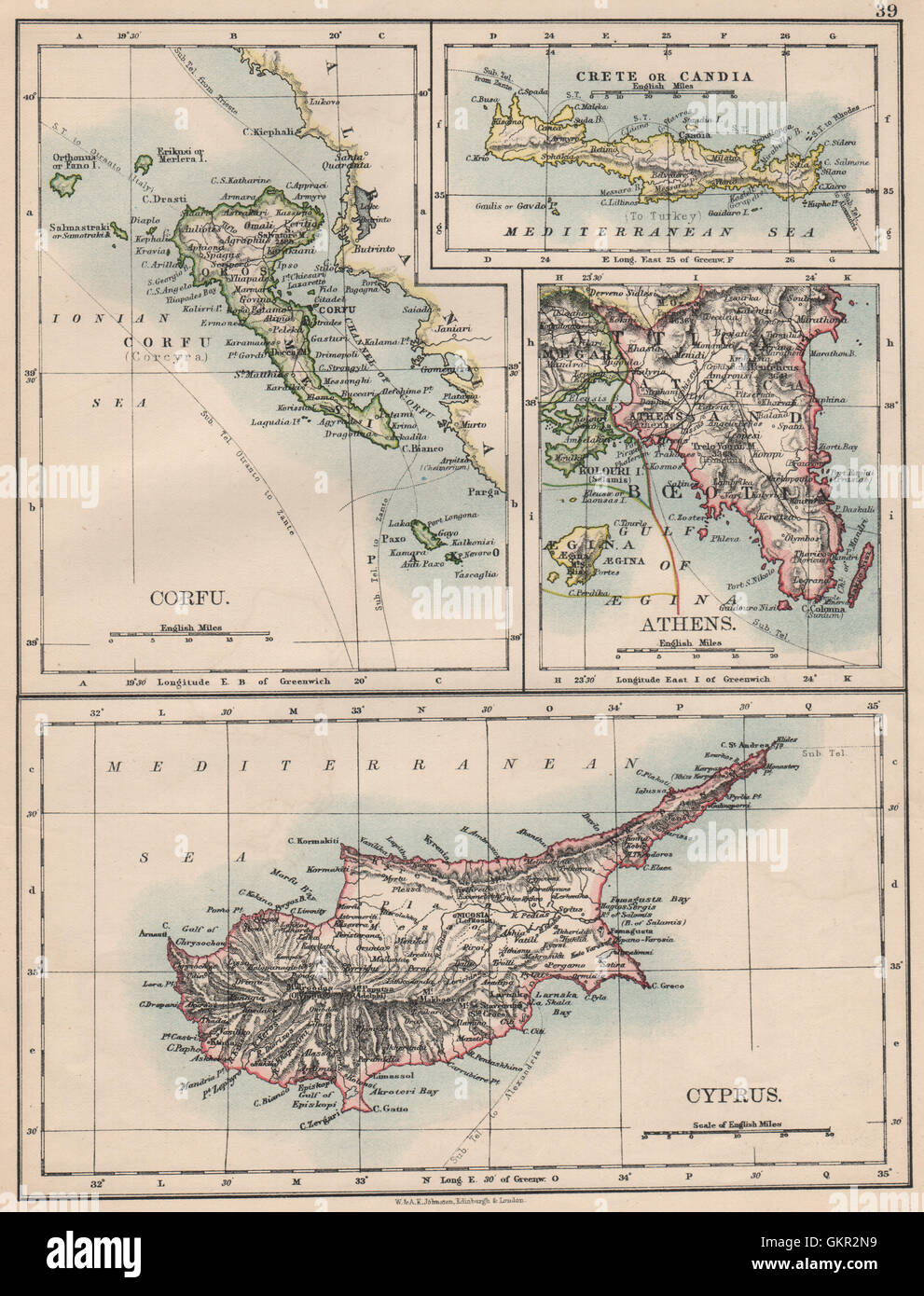 Atene e le isole greche. Corfù Creta Cipro Candia.Grecia. JOHNSTON, 1895 Mappa Foto Stock