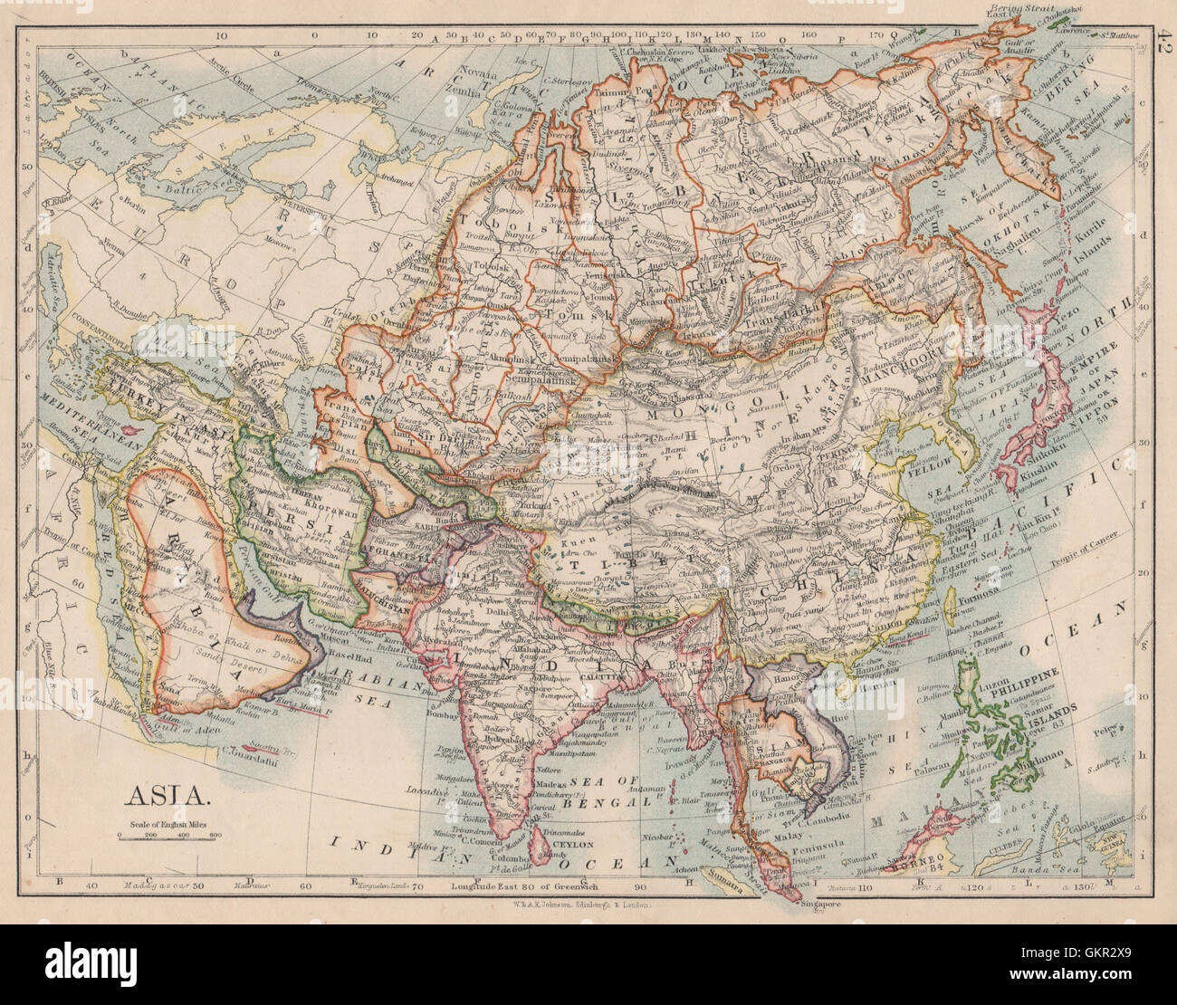 ASIA politica. La Persia Siam Hejaz Cina Giappone Corea Turkestan. JOHNSTON 1895 mappa Foto Stock