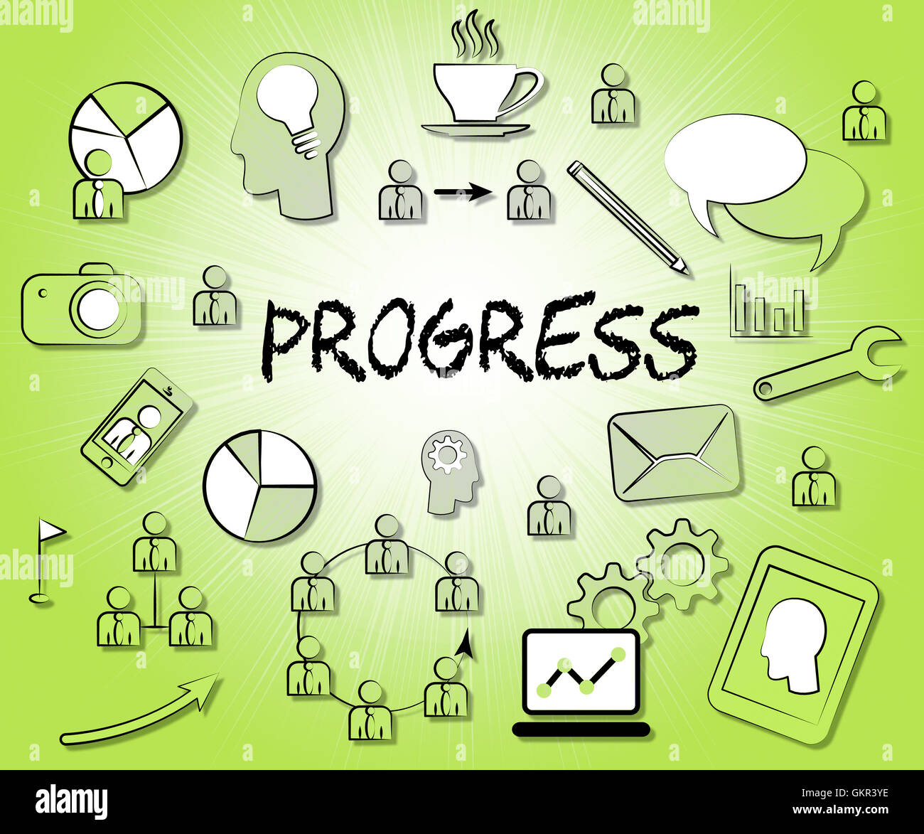 Icone di avanzamento che mostra miglioramento progressi e avanzamento Foto Stock