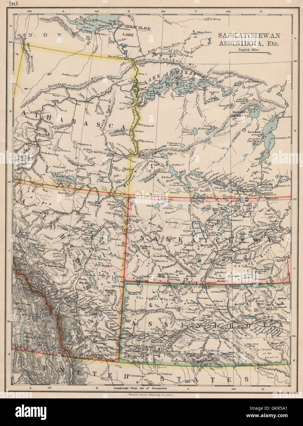 CANADA praterie. Lo stato di Alberta, Saskatchewan Assiniboia Athabasca. JOHNSTON, 1895 Mappa Foto Stock