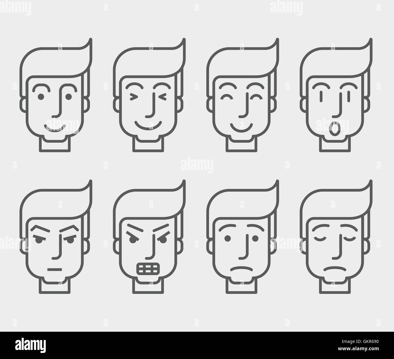 Gli uomini faccia con diversa espressione in vista frontale. Illustrazione Vettoriale
