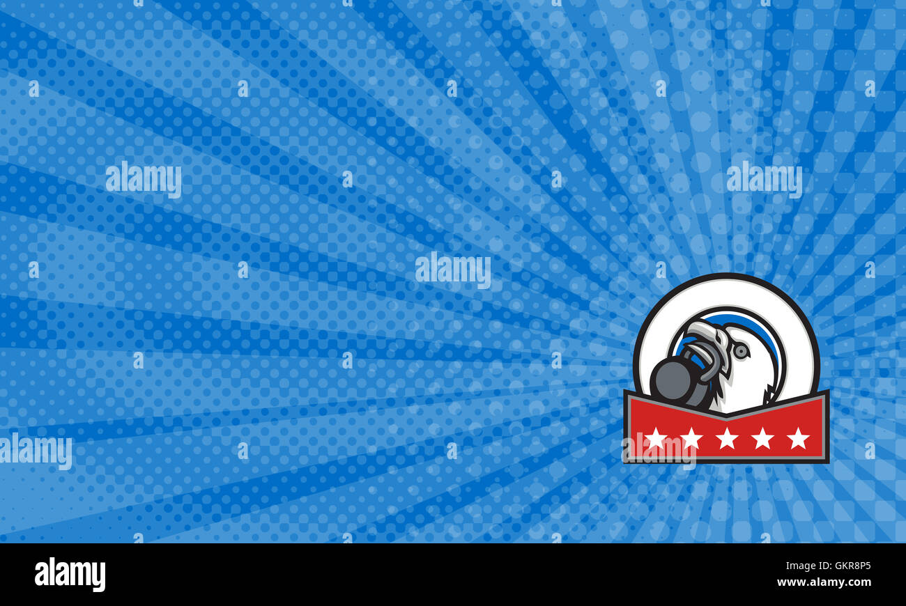 Business card mostra illustrazione di un american aquila calva testa guardando al lato di sollevamento fitness kettleball con becco impostato all'interno del cerchio con stelle fatto in stile retrò. Foto Stock