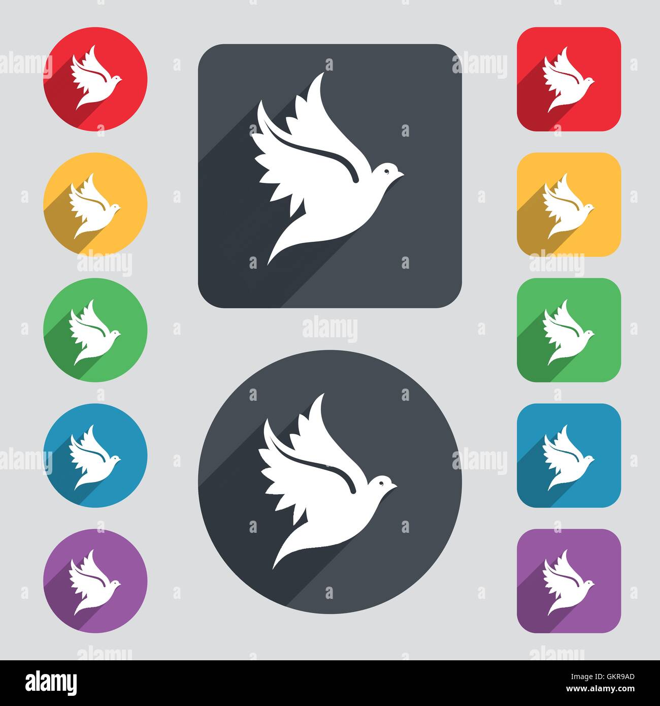 Icona di colomba segno. Una serie di dodici tasti colorati e una lunga ombra. Design piatto. Vettore Illustrazione Vettoriale