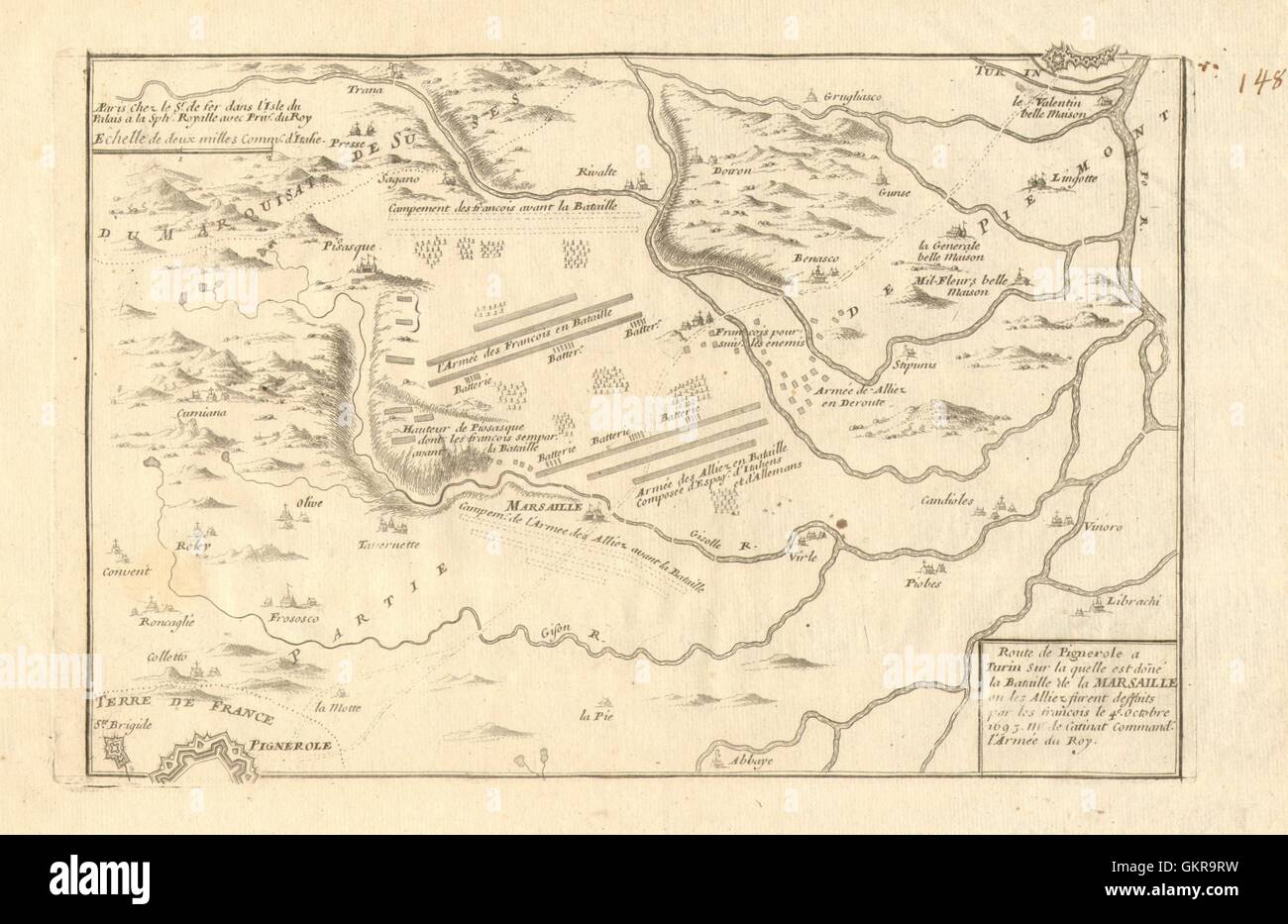 "Route de Pignerole a Torino". Pinerolo. Battaglia di Marsaglia 1693 DE FER 1705 mappa Foto Stock