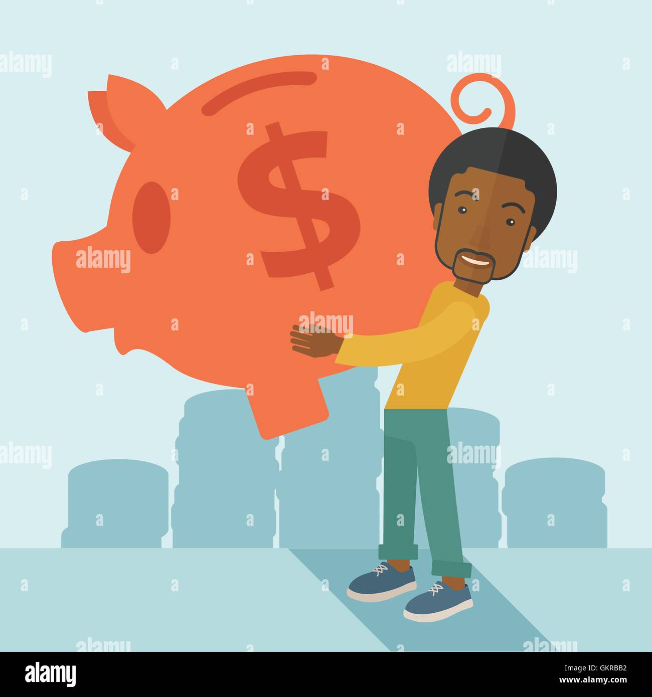 Imprenditore africano porta un grande salvadanaio per risparmiare denaro. Illustrazione Vettoriale