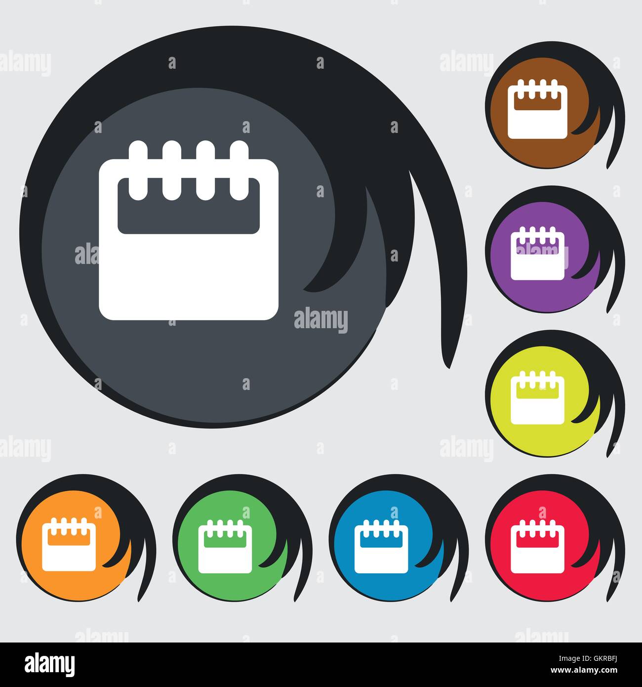 Blocco note, Calendario dell'icona segno. Simbolo su otto pulsanti colorati. Vettore Illustrazione Vettoriale