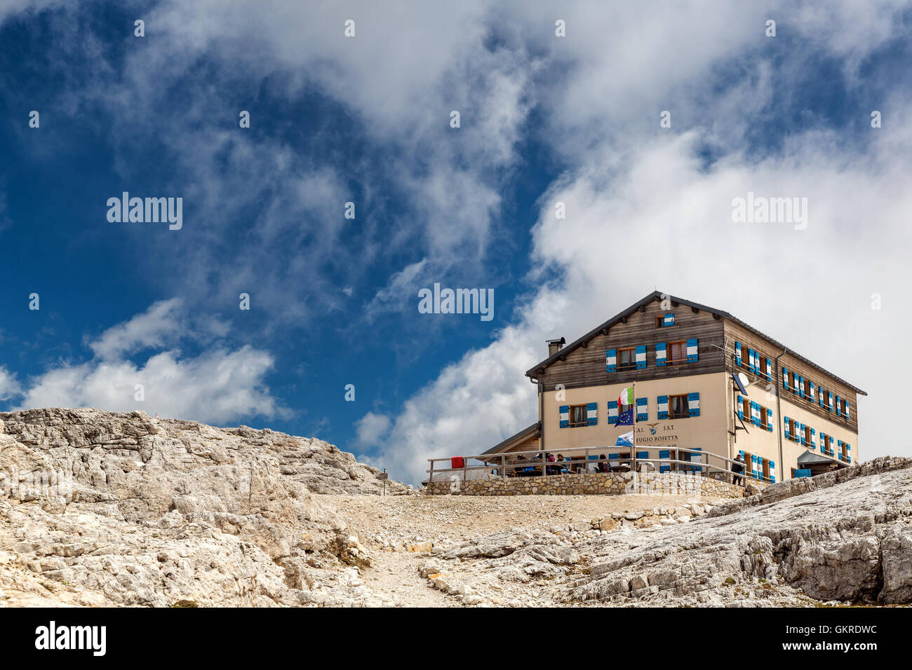 Rifugio Rosetta, Parco Naturale Paneveggio Pale di San Martino, in provincia di Trento, Trentino, Italia Foto Stock