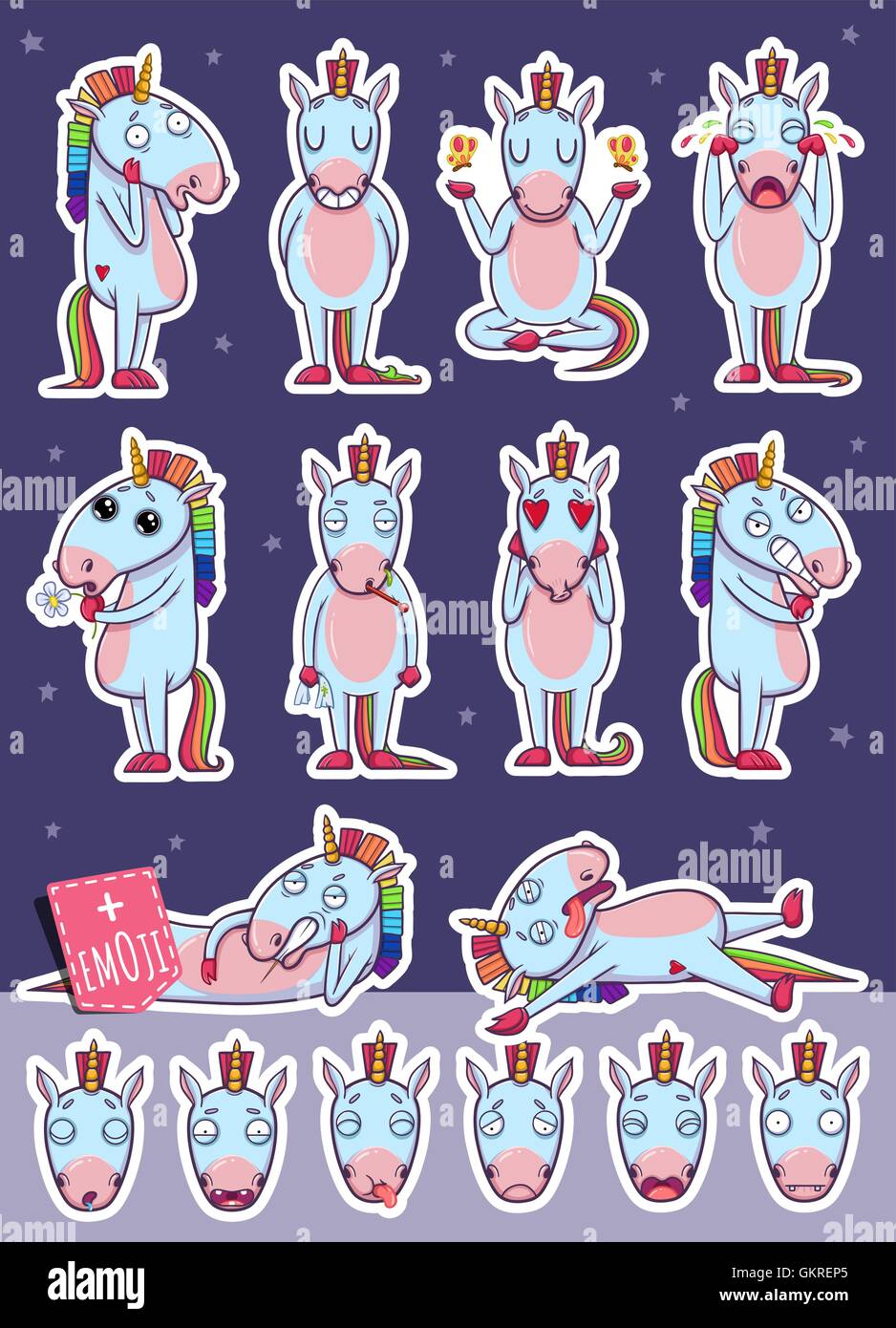 Cartoon Unicorn carattere. Gli adesivi di emoticon Illustrazione Vettoriale