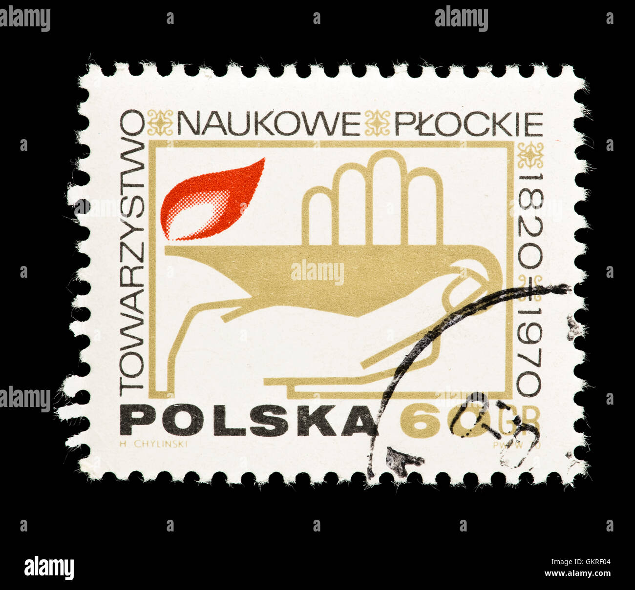 Francobollo dalla Polonia raffigurante la lampada di apprendimento, Plock società scientifica, centocinquantesimo anniversario. Foto Stock