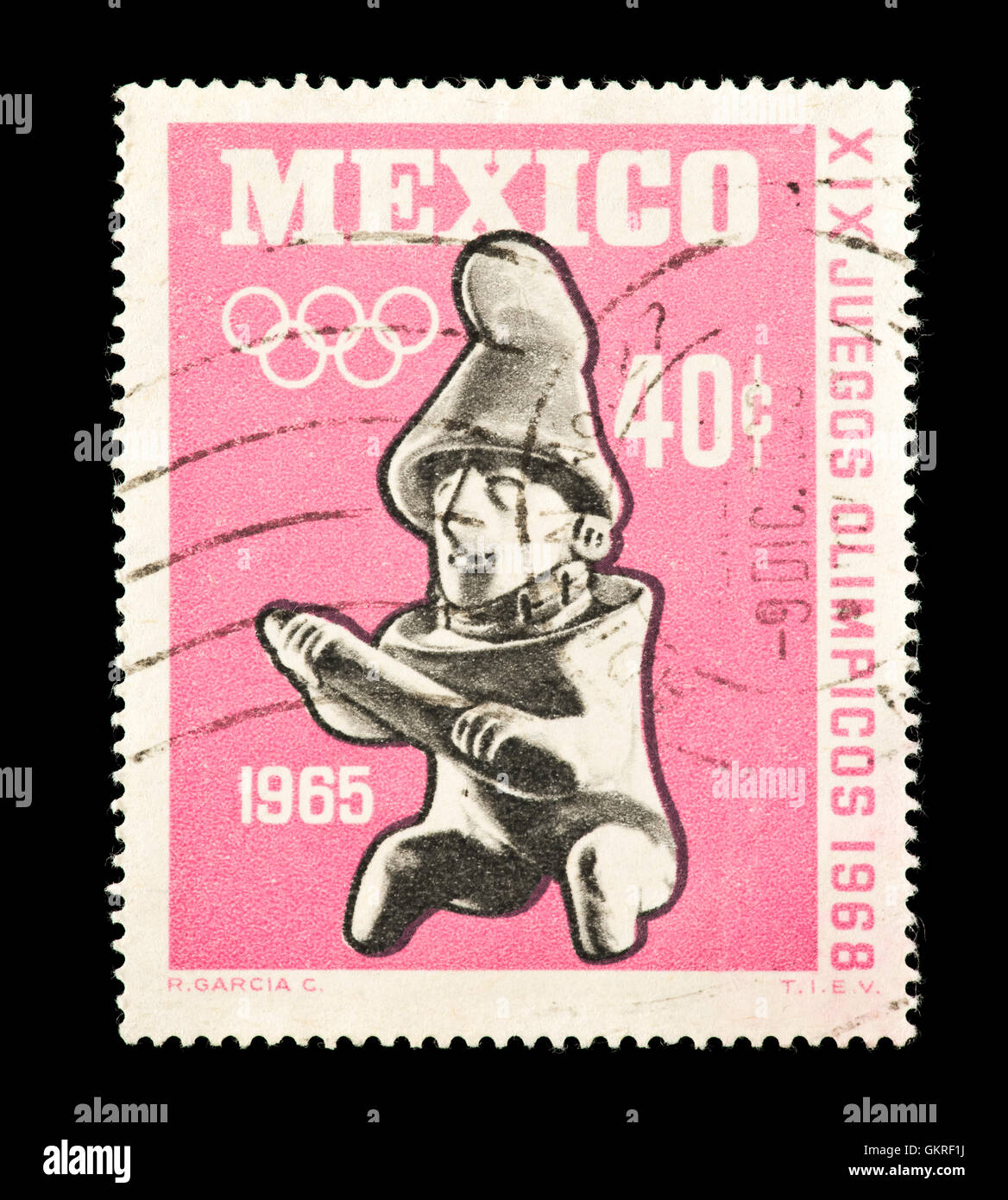 Francobollo dal Messico raffigurante una creta figura pastella dalla Colima, 300-650 d.c. emesso per il 1968 Giochi Olimpici. Foto Stock