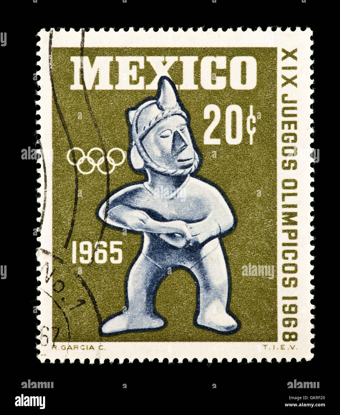 Francobollo dal Messico raffigurante una figura di argilla con una imbracatura dalla Colima, 300-650 d.c. emesso per il 1968 Giochi Olimpici. Foto Stock
