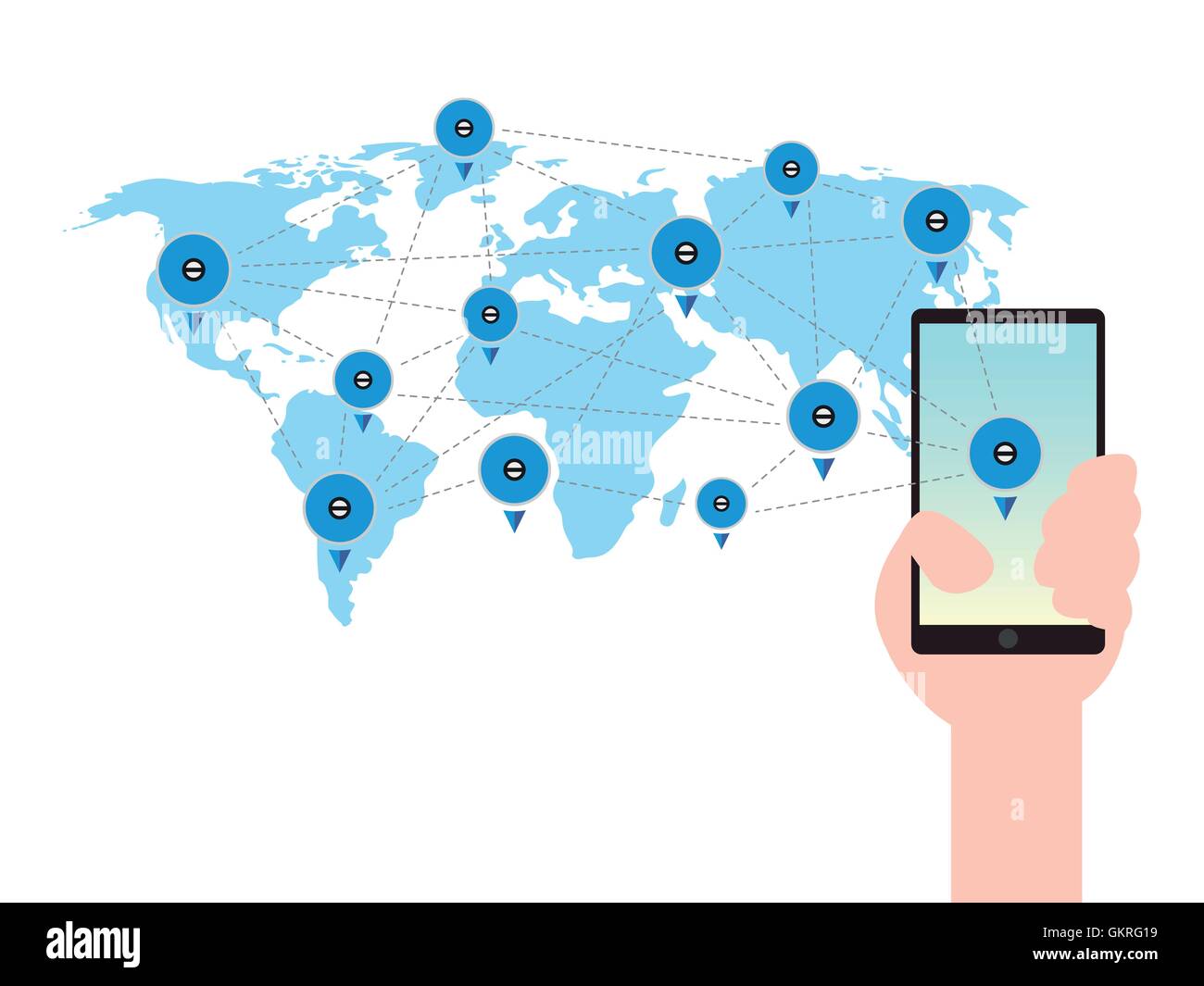 Telefono cellulare in mano una mappa mondiale Global Business Communication Technology Concept Illustrazione Vettoriale