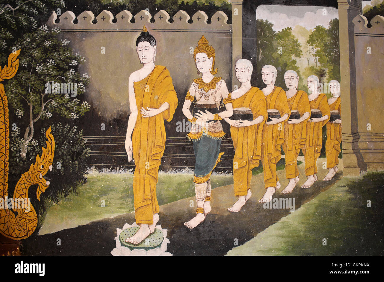 Una scena della vita di Buddha, parte di un murale di Wat Phra That Doi Suthep Temple Tailandia Foto Stock