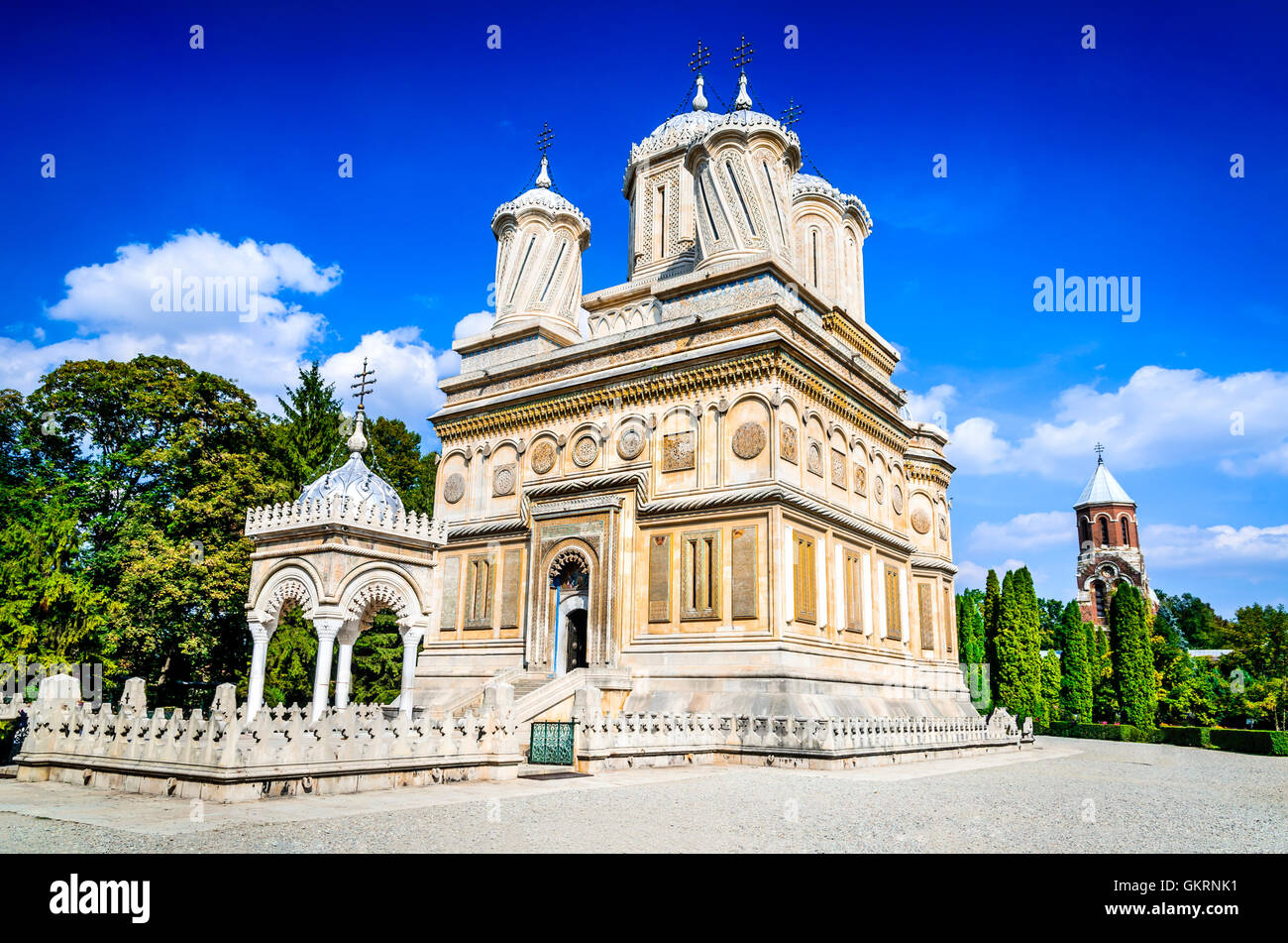 La Romania. Monastero di Curtea de Arges, XVI secolo, Valacchia landmark, della Chiesa ortodossa rumena di cultura. Ana e Manole legenda. Foto Stock