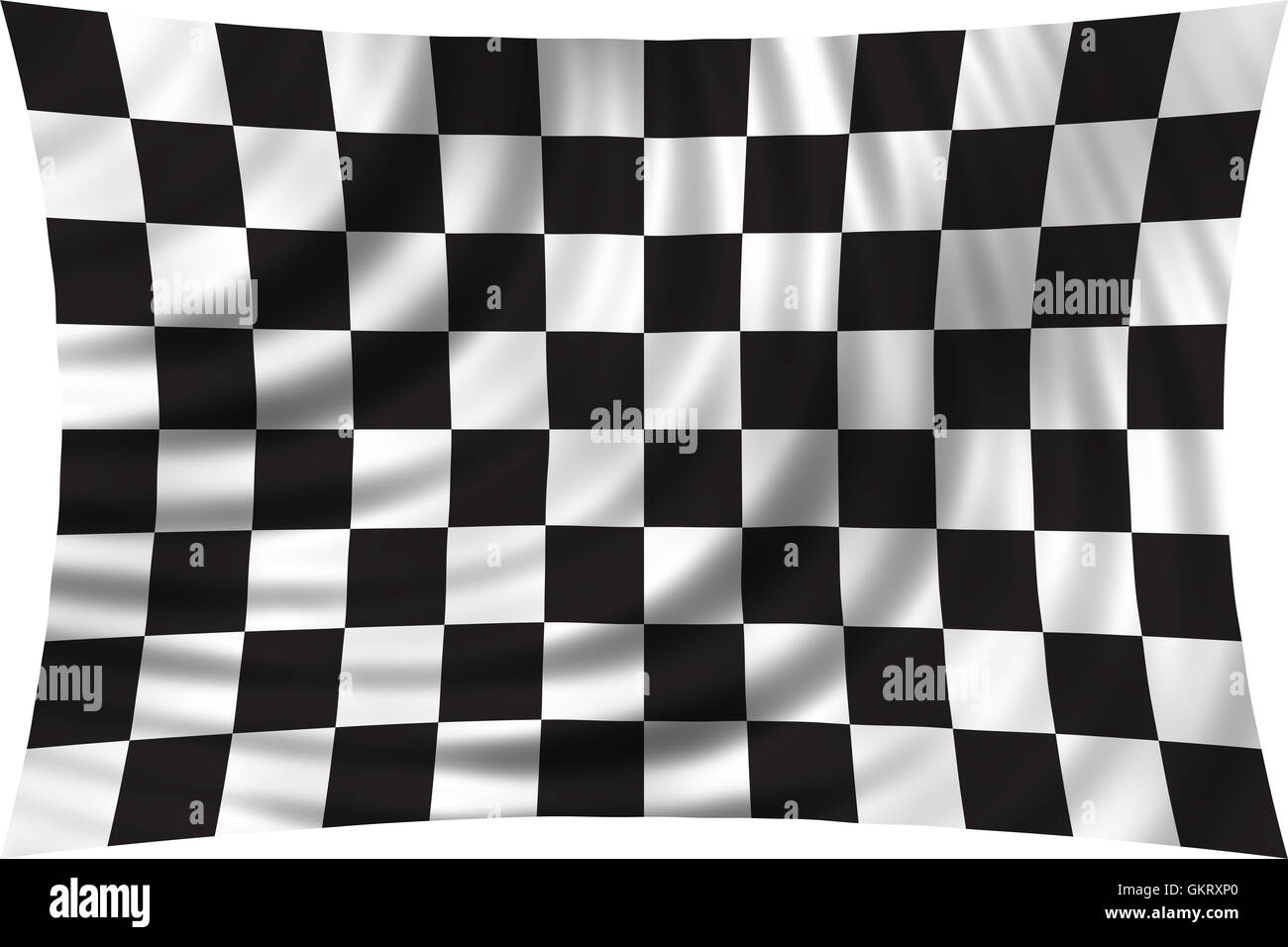 Corse a scacchi sventola bandiera nel vento isolati su sfondo bianco. Design simbolico della fine della corsa in auto. In bianco e nero Foto Stock