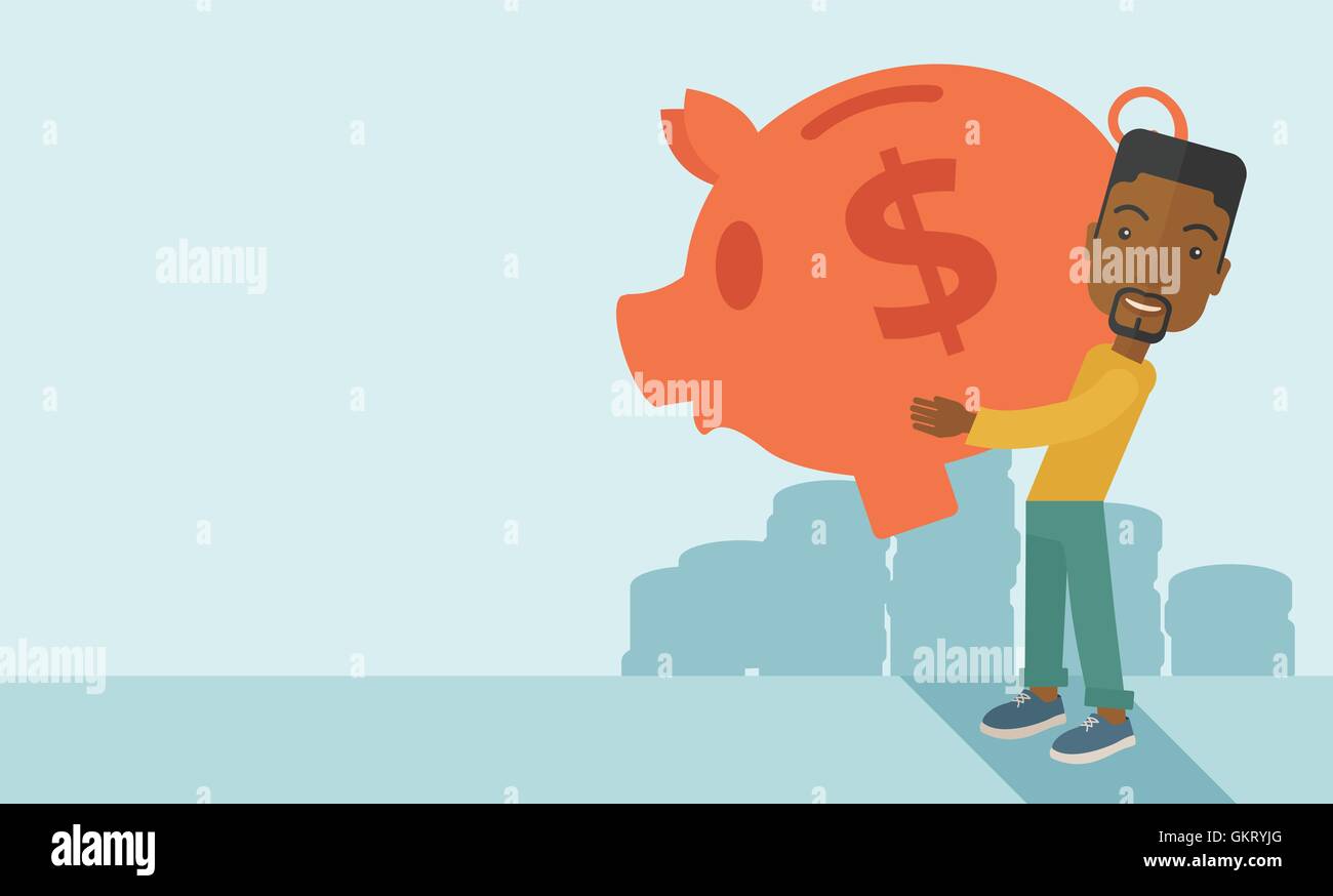 Imprenditore africano porta un grande salvadanaio per risparmiare denaro. Illustrazione Vettoriale