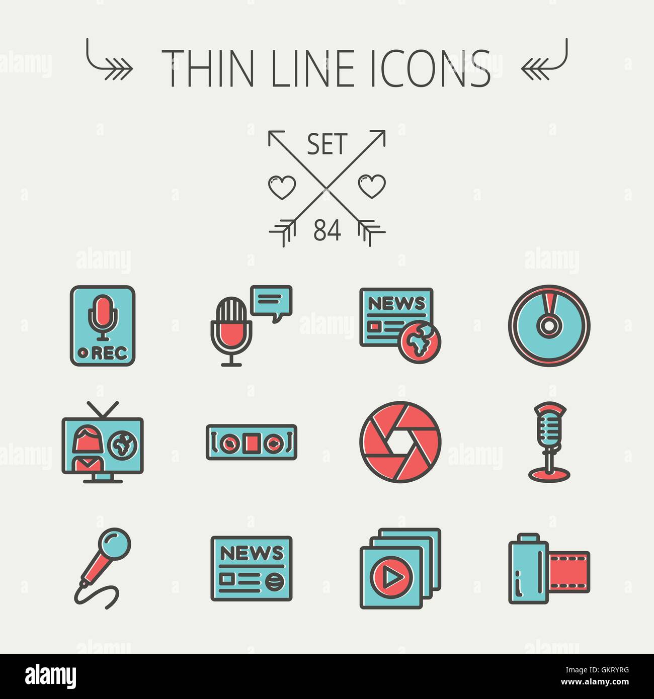 Multimedia linea sottile icona impostare Illustrazione Vettoriale