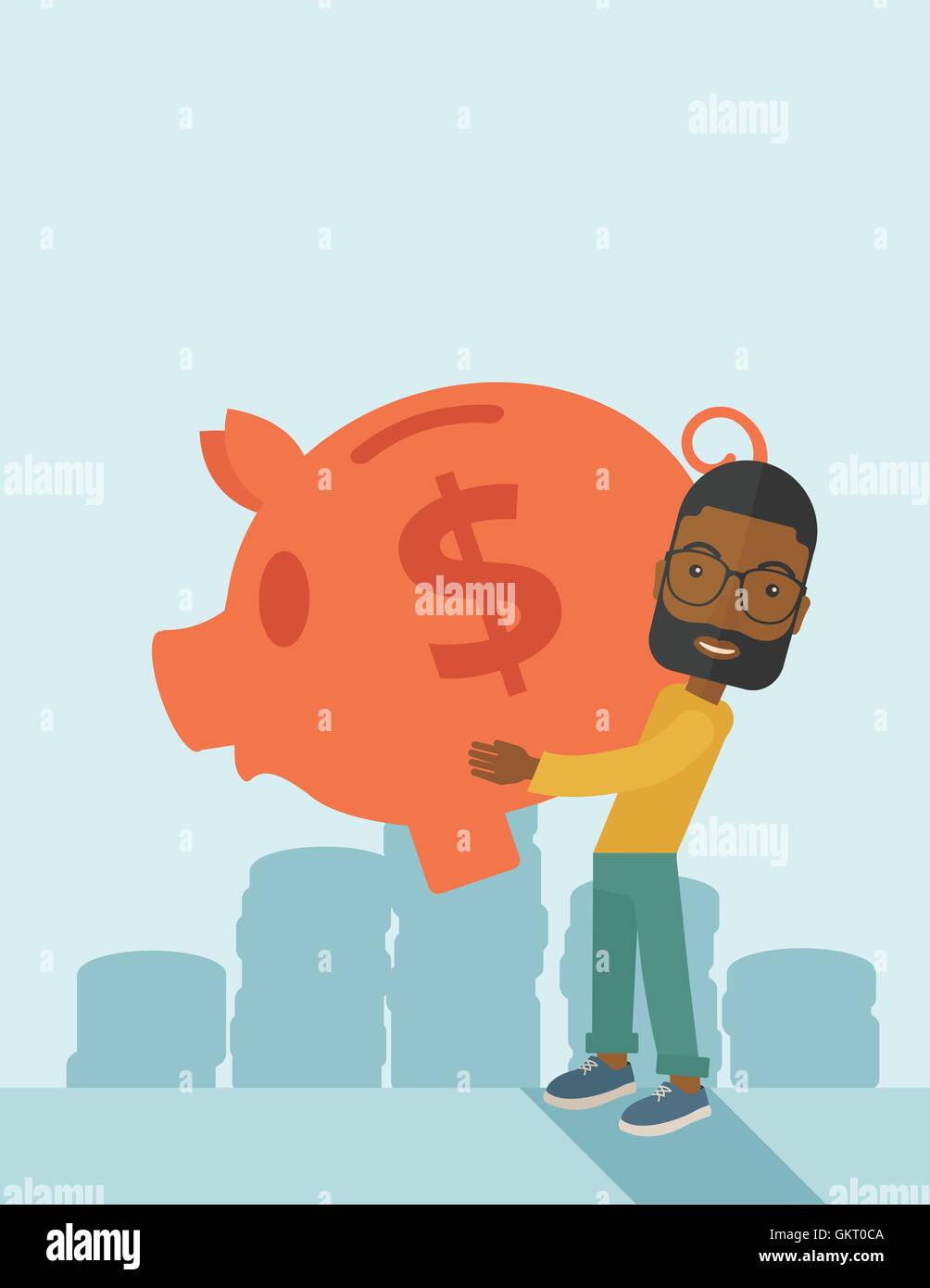 Imprenditore africano porta un grande salvadanaio per risparmiare denaro. Illustrazione Vettoriale