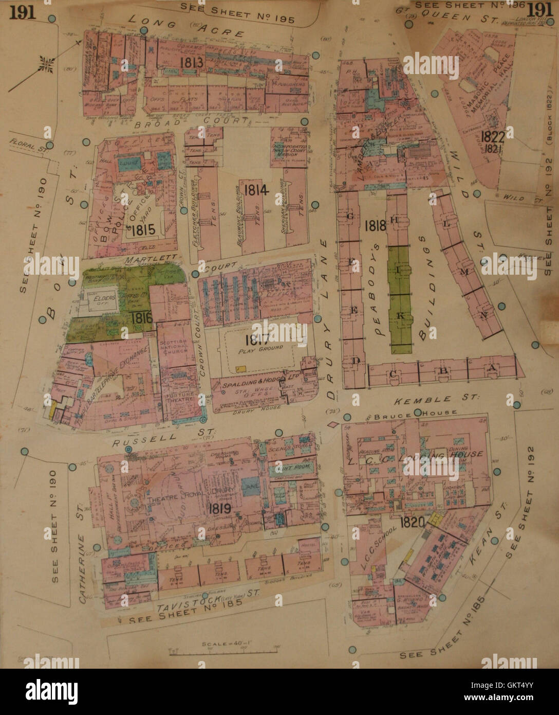 Pungolo mappa:WC2:Drury Lane Long Acre Bow Russell Street Kean Kemble ampia ct 1923 Foto Stock