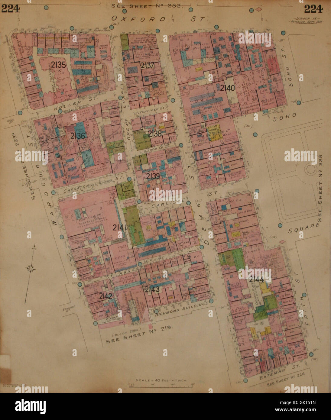 Pungolo mappa:W1:Oxford St Soho Sq Wardour Dean Frith Carlisle Gt Cappella Hollen 1932 Foto Stock