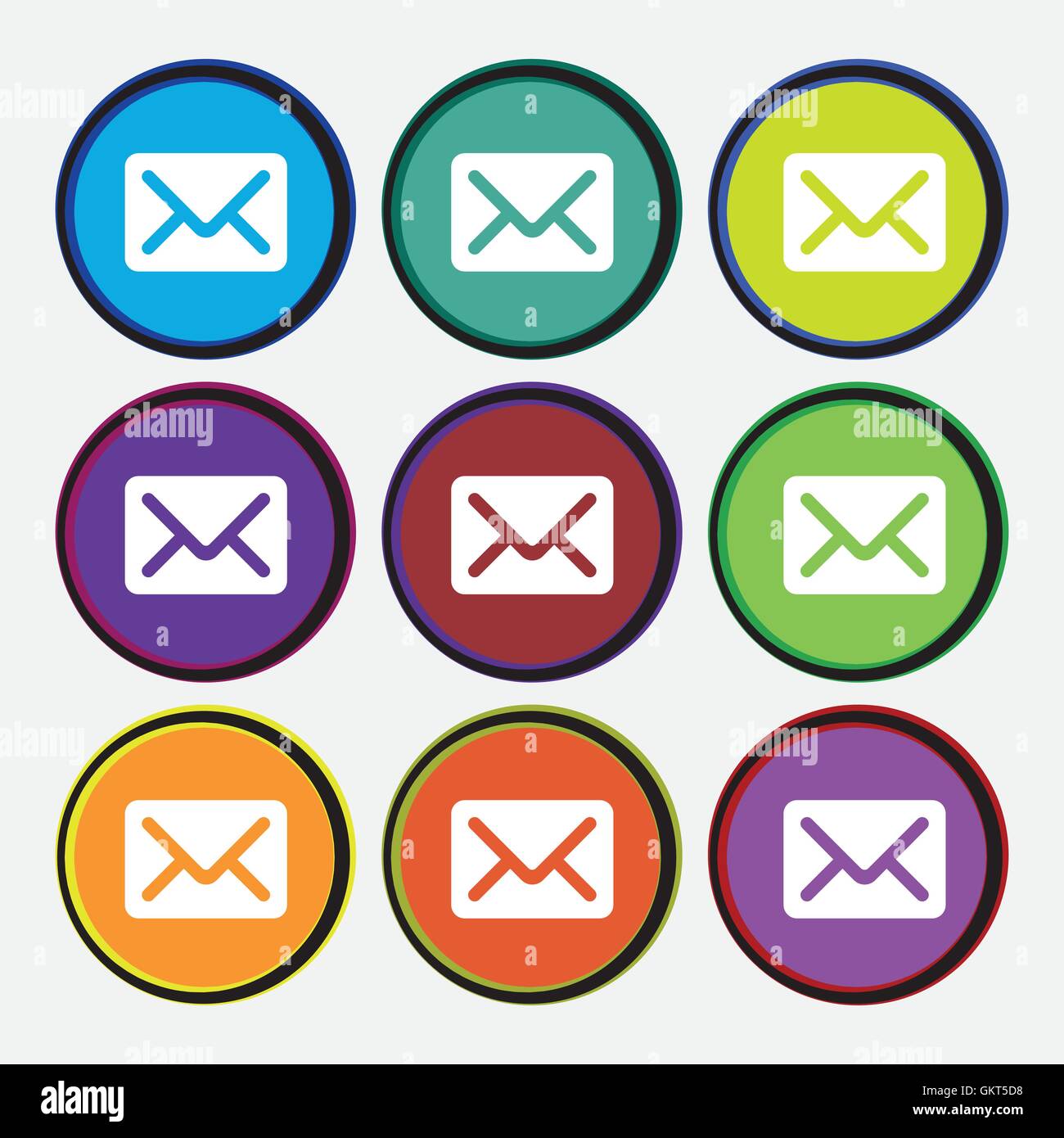 Mail, Busta lettera icona segno. Nove multi colore pulsanti rotondi. Vettore Illustrazione Vettoriale