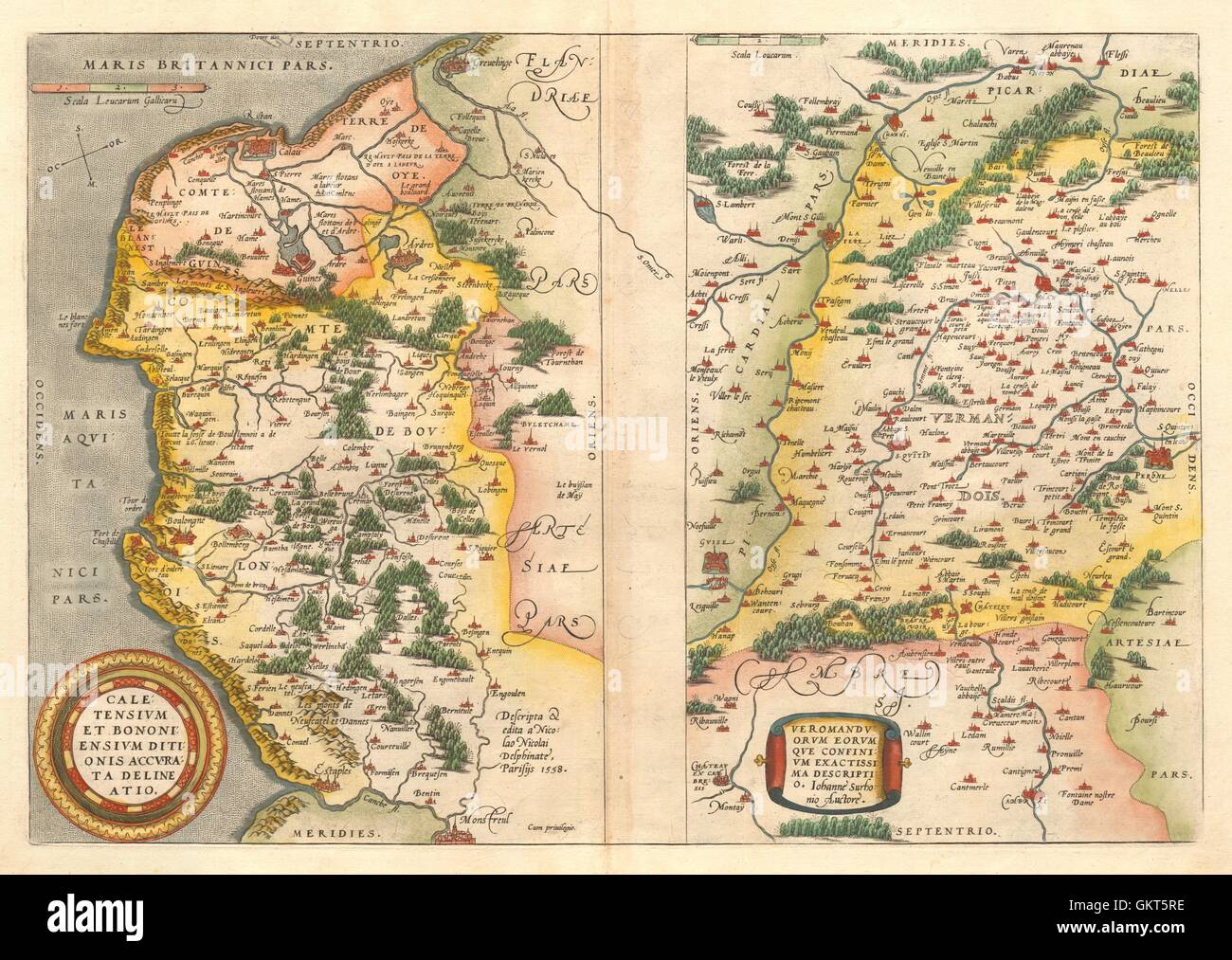 Caletensium et Bononiensium/Veromanduorum. Calais/Boulogne. ORTELIUS, c1584 mappa Foto Stock