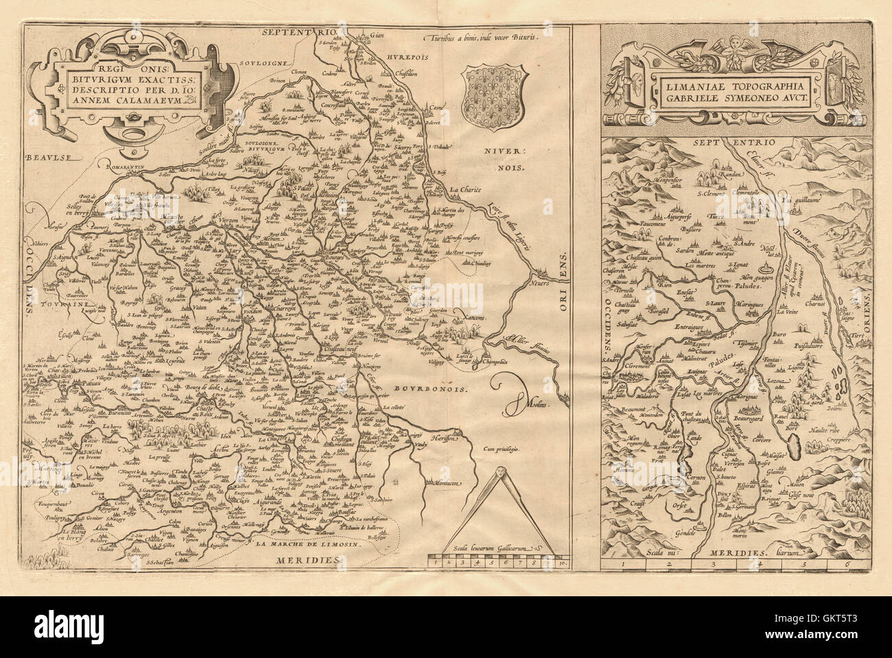 "Regionis Biturigum' & 'Limaniae topographia"". Berry/Auvergne. ORTELIUS 1570 mappa Foto Stock