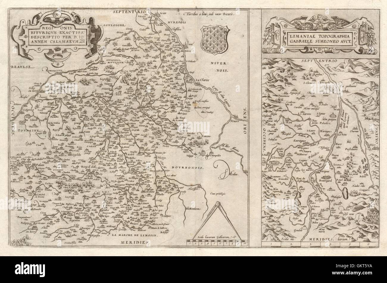 "Regionis Biturigum' & 'Limaniae topographia"". Auvergne/Berry. ORTELIUS 1584 mappa Foto Stock