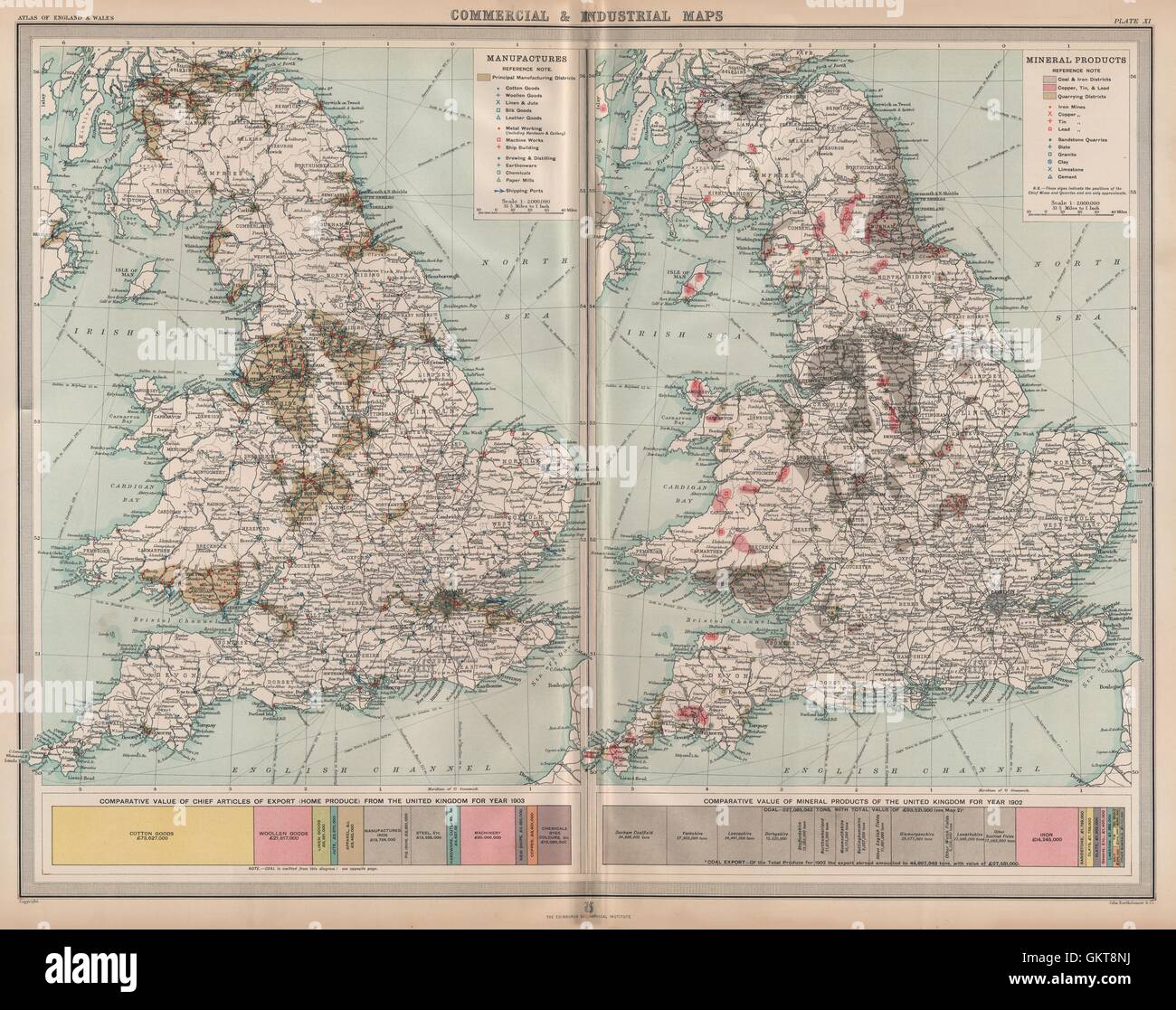 Inghilterra Galles. Mining Manufacturing prodotti industrie del carbone Cu stagno Pb, 1903 Mappa Foto Stock