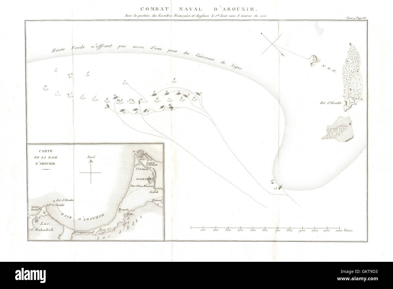 Piano di battaglia del Nilo (Aboukir) 1798. Invasione francese d'Egitto 1818 mappa Foto Stock