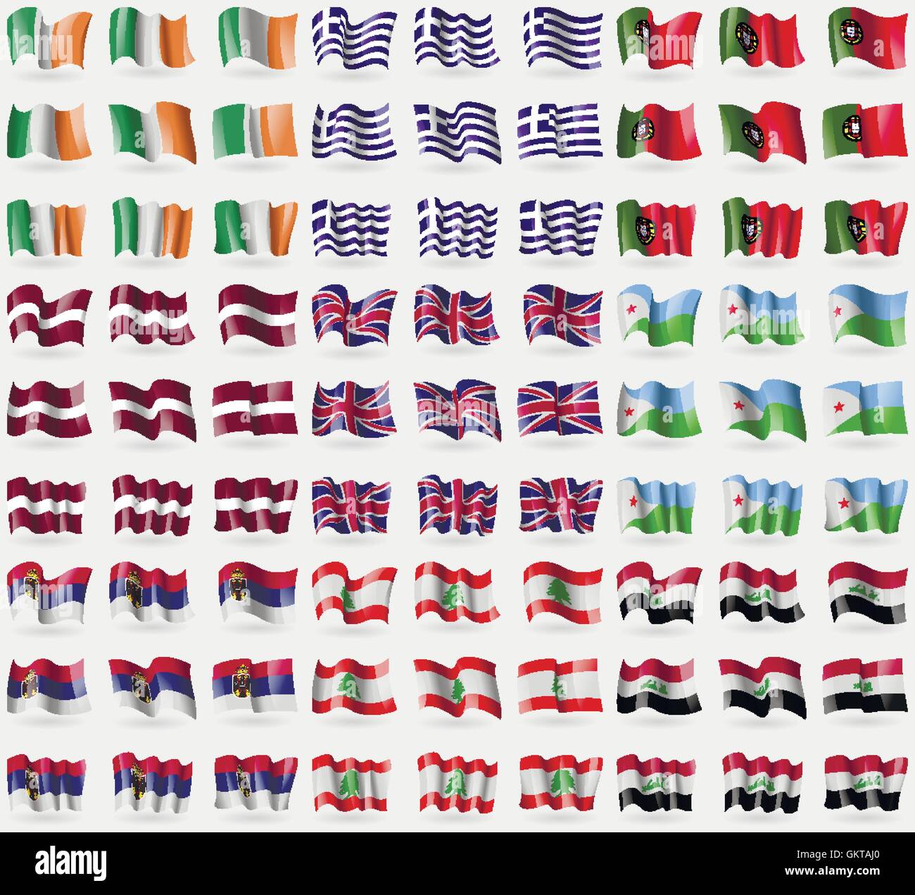 Irlanda, Grecia, Portogallo e Lettonia, Regno Unito, Gibuti, Serbia, Libano, Iraq. Grande set di 81 bandiere. Vettore Illustrazione Vettoriale