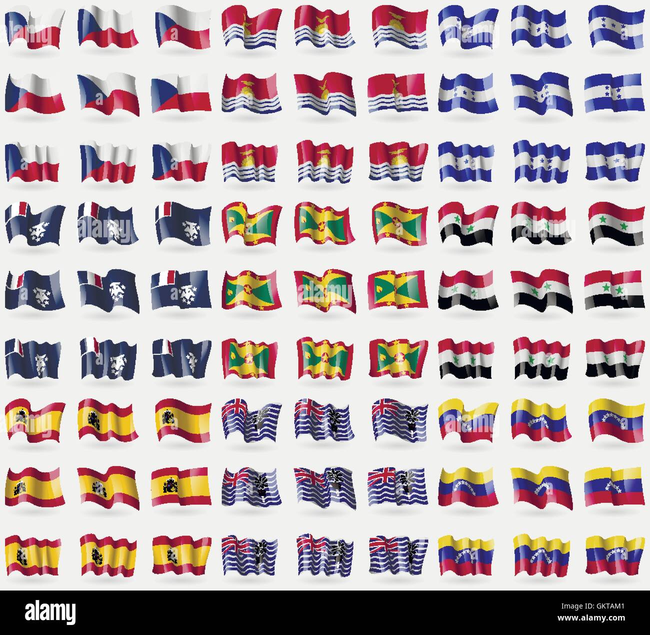 Repubblica ceca, Kiribati, Honduras, Francese e Antartide, Grenada, Siria, Spagna, Territorio britannico dell'Oceano Indiano, Venezuela. Grande set di 81 bandiere. Vettore Illustrazione Vettoriale
