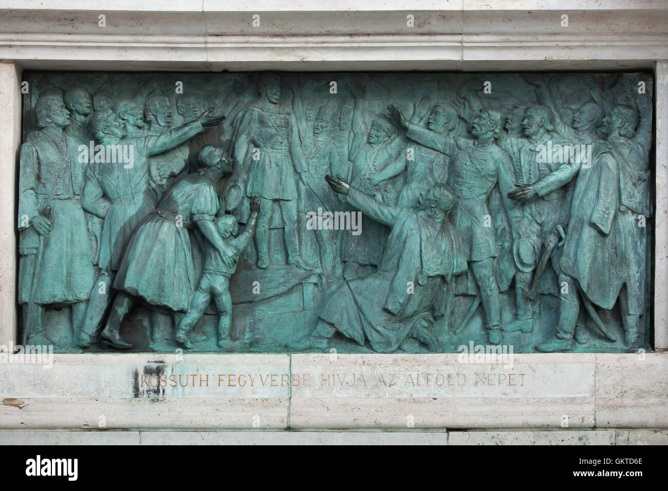 Lajos Kossuth invita il popolo della grande pianura alle armi contro gli Asburgo sulla Piazza del Mercato di Cegled nel 1848. Rilievo bronzeo da scultore ungherese Zsigmond Kisfaludi Strobl sul millennio monumento nella piazza degli Eroi in Budapest, Ungheria. Foto Stock