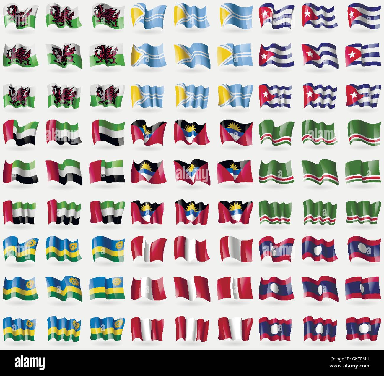 Il Galles, Tuva, Cuba, Emirati arabi uniti, Antigua e Barbuda, la Repubblica cecena di Ichkeria, Ruanda, Perù, Laos. Grande set di 81 bandiere. Vettore Illustrazione Vettoriale